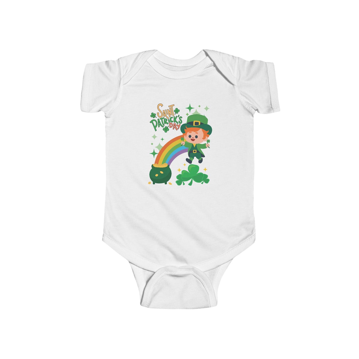 " St. Patrick's Day-Lucky Rainbow" Baby Bodysuit/Short Sleeved Onsie.  A Cute Lucky Leprechaun Finds A Pot Of Gold At The End Of The Rainbow!