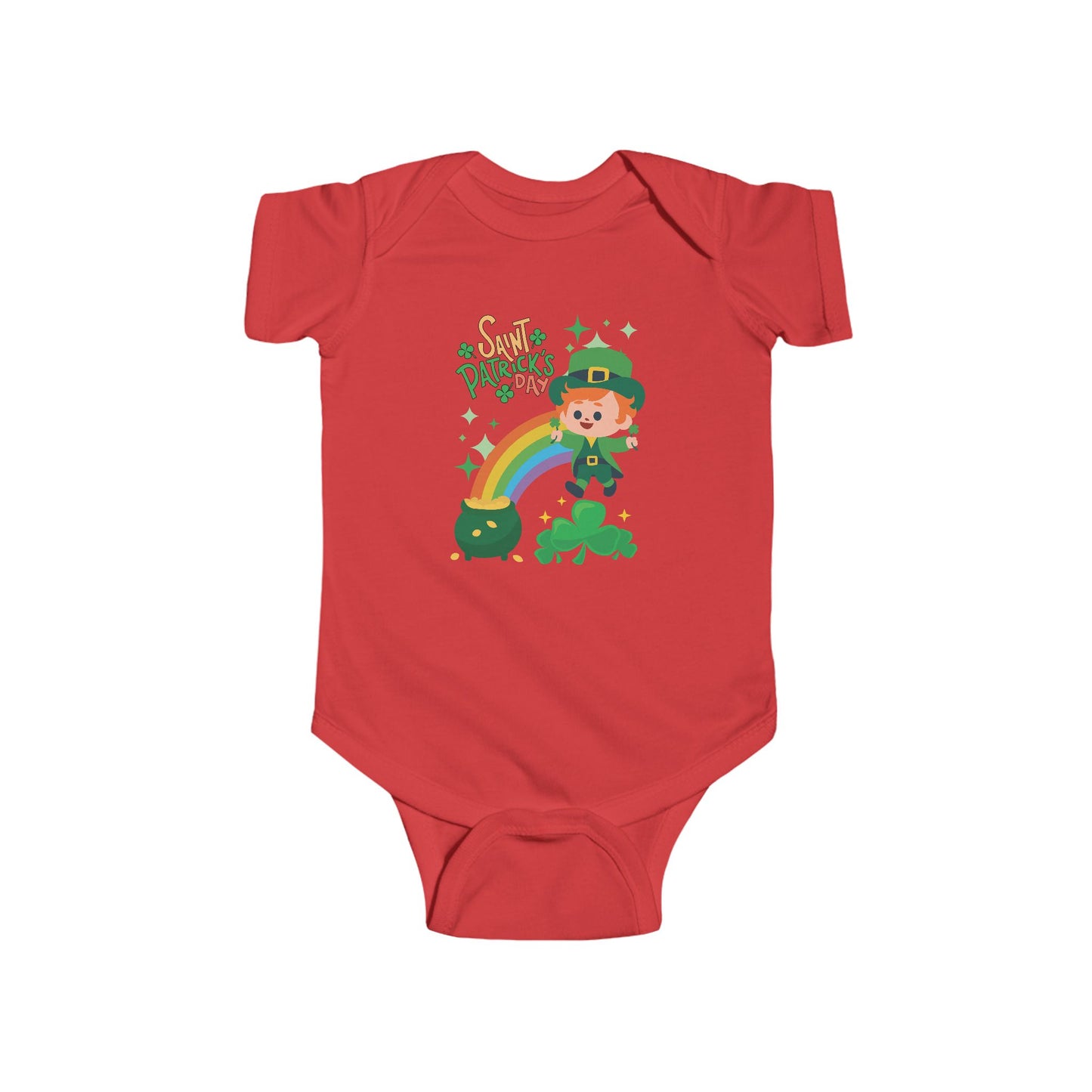" St. Patrick's Day-Lucky Rainbow" Baby Bodysuit/Short Sleeved Onsie.  A Cute Lucky Leprechaun Finds A Pot Of Gold At The End Of The Rainbow!