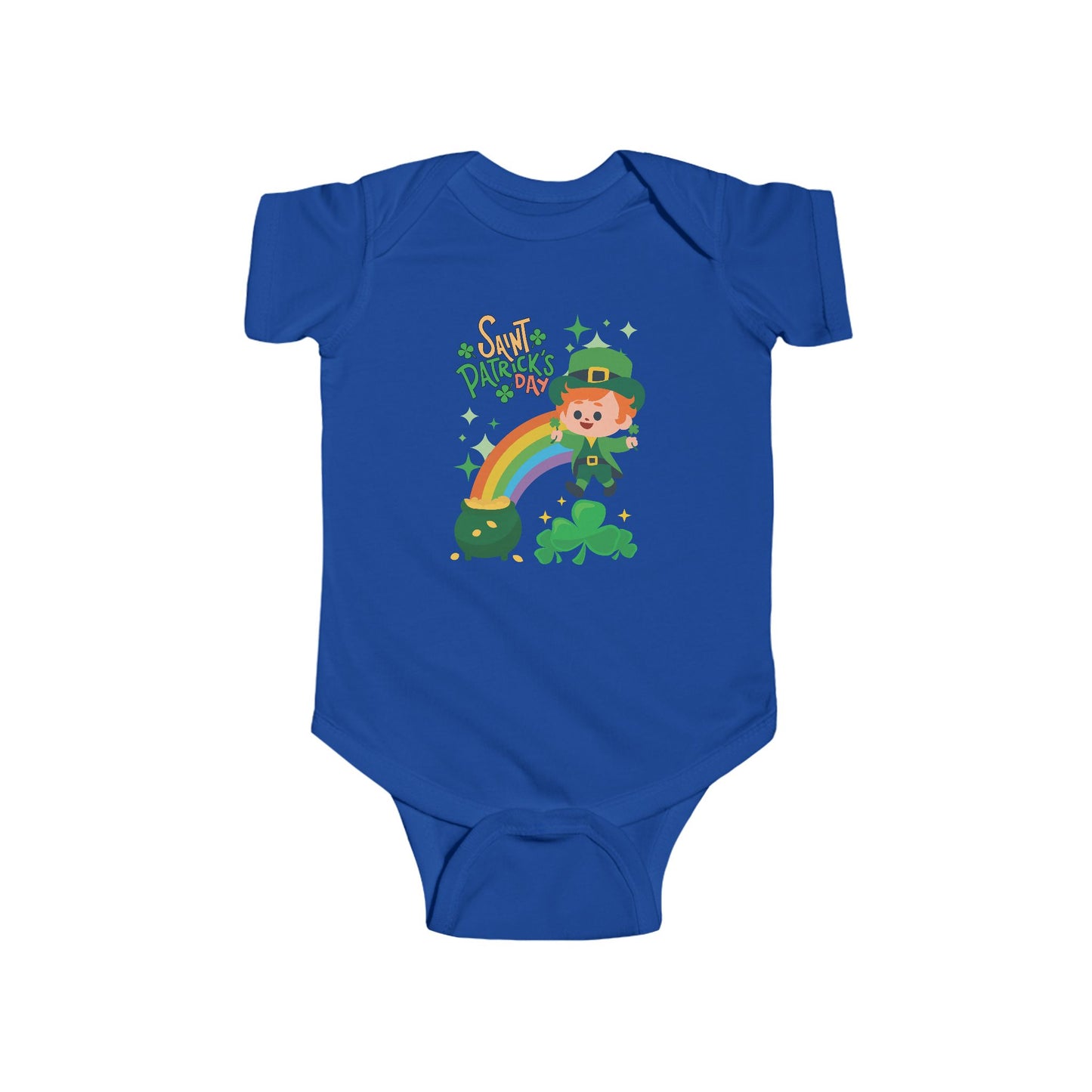 " St. Patrick's Day-Lucky Rainbow" Baby Bodysuit/Short Sleeved Onsie.  A Cute Lucky Leprechaun Finds A Pot Of Gold At The End Of The Rainbow!
