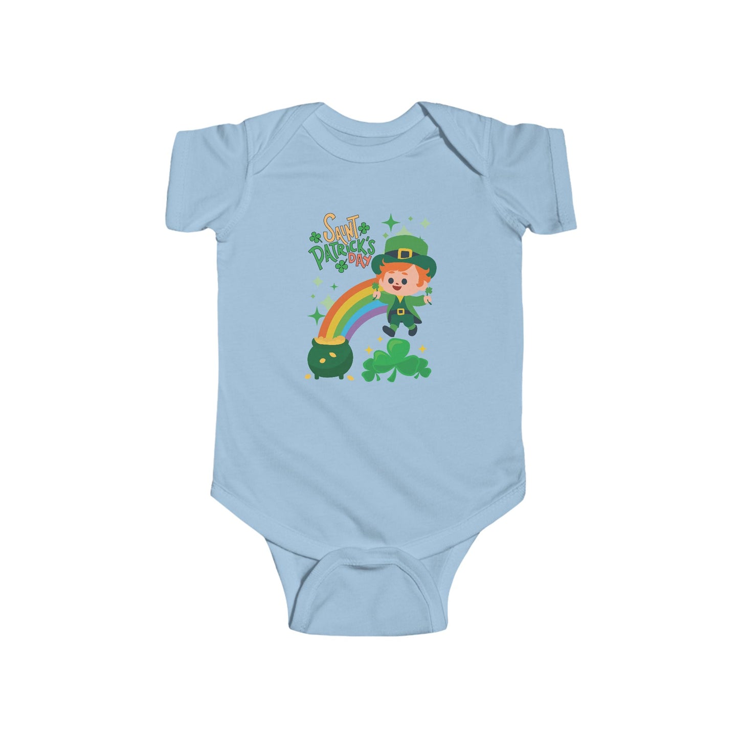 " St. Patrick's Day-Lucky Rainbow" Baby Bodysuit/Short Sleeved Onsie.  A Cute Lucky Leprechaun Finds A Pot Of Gold At The End Of The Rainbow!