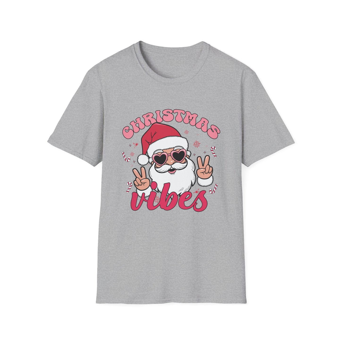 "Christmas Vibes"  Smiling Santa Holiday Unisex T-Shirt.  Cool(Tan)Santa Wearing His Shades And Sharing A "Peace Sign".