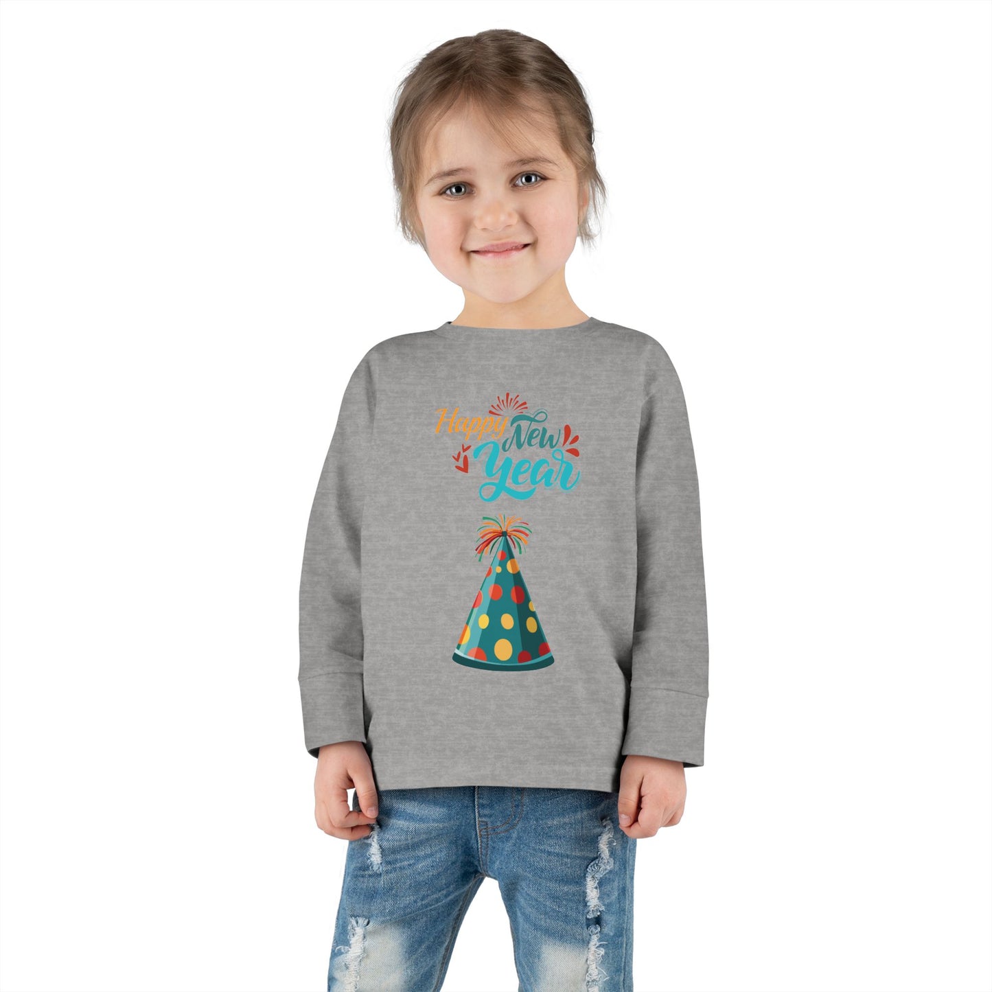 "Happy New Year- Party Hat", Toddler Long Sleeve Tee Shirt.  They Will Not Want To Take This Shirt Off!