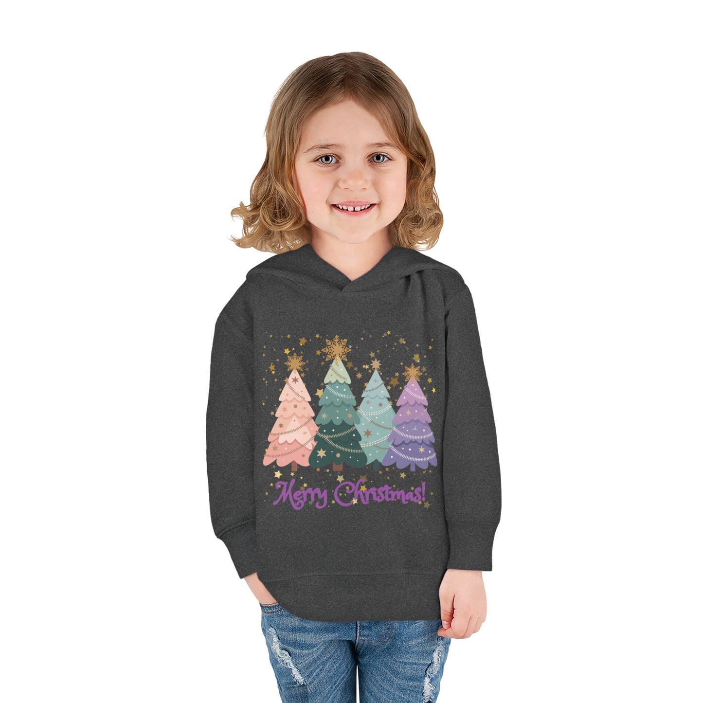 "Merry Xmas" Toddler Hoodie — Pastel Paper-Cut Christmas Trees with Gold Stars