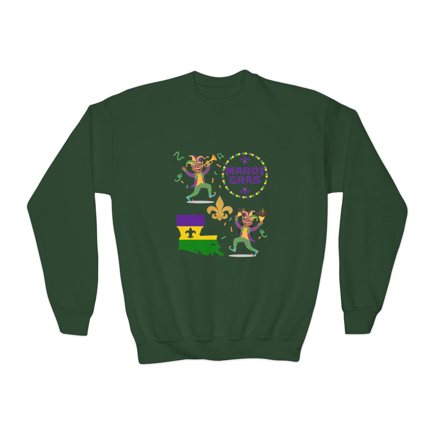 "Mardi Gras Kids" Youth Crewneck Sweatshirt — Colorful Beads, Jester Costumes & The State Of Louisiana all in Classic Mardi Gras Colors - Ready For The Parades!