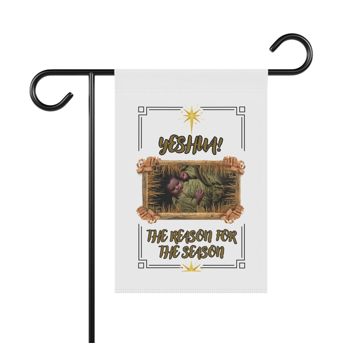 "Yeshua! The Reason for the Season" Featuring The Baby Savior In A Wooden Manger.  A Beautiful Decorative Garden Flag For Xmas!-White