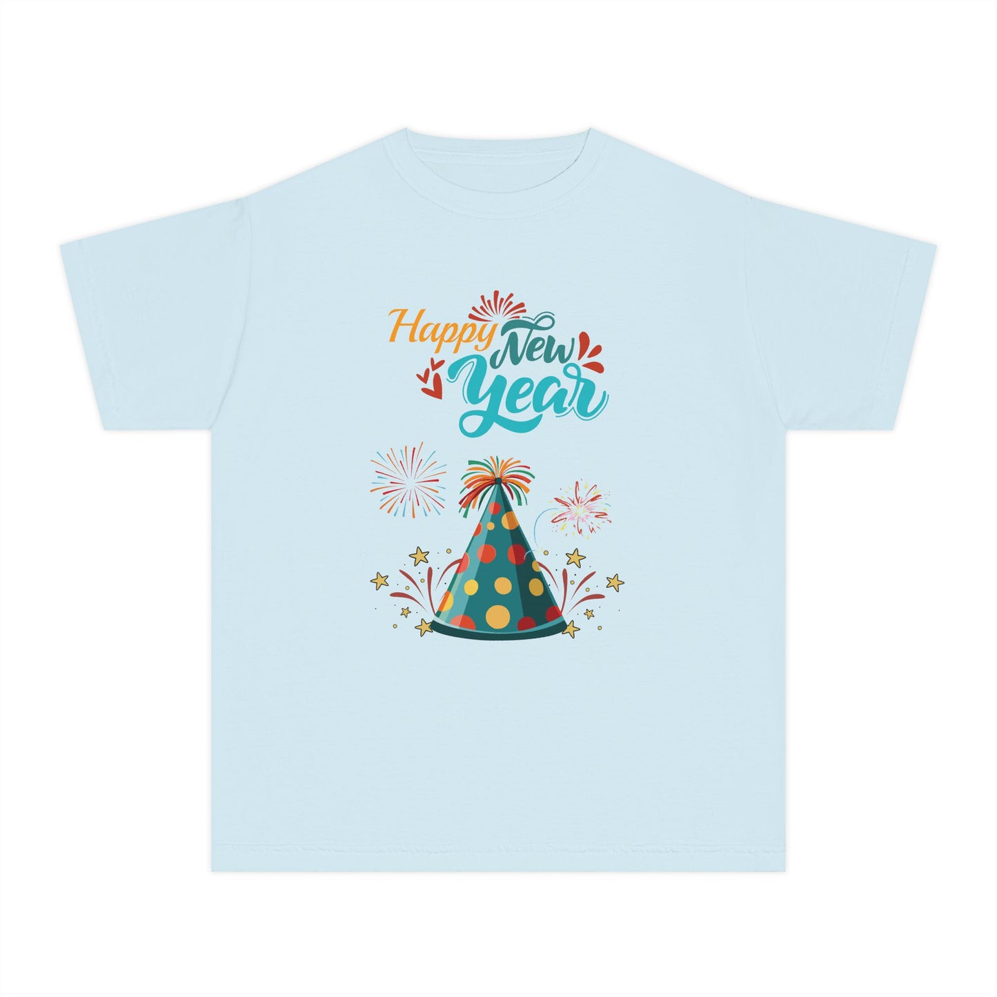 "Happy New Year -Party Hat and Fireworks" Kids/Youth T-Shirt .  A Fun, Colorful Tee For The Kids To Wear When Celebrating The New Year!