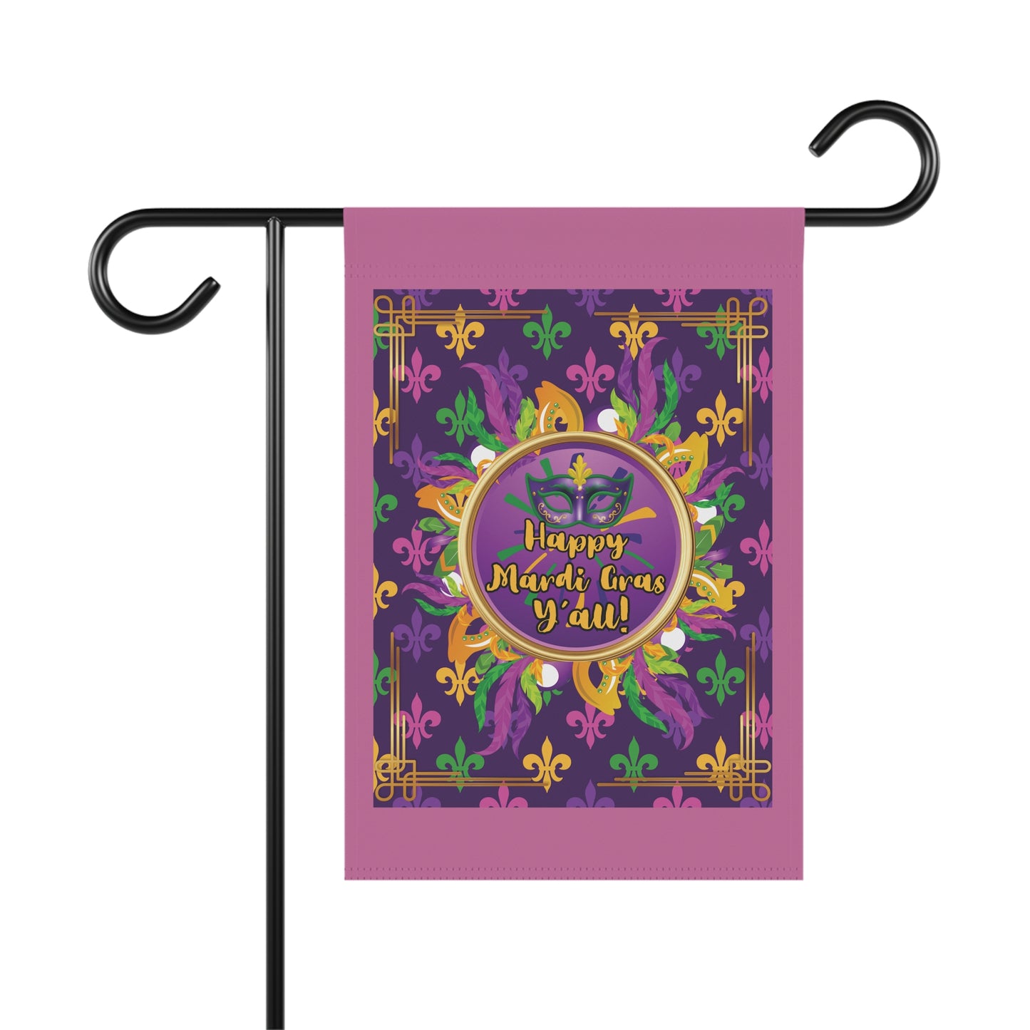 Mardi Gras Garden Flag — “Happy Mardi Gras Y’all” Decorative House Banner-Pink