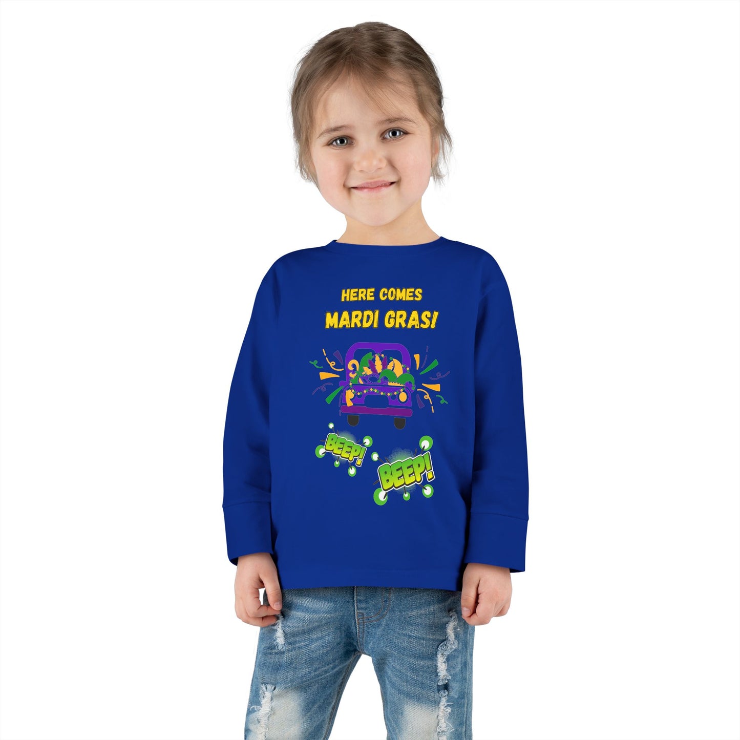 "Here Comes Mardi Gras-Beep, Beep!"  Toddler Long Sleeve Tee.  The Little Ones Will LOVE Wearing This Fun Shirt For Mardi Gras & Beyond!