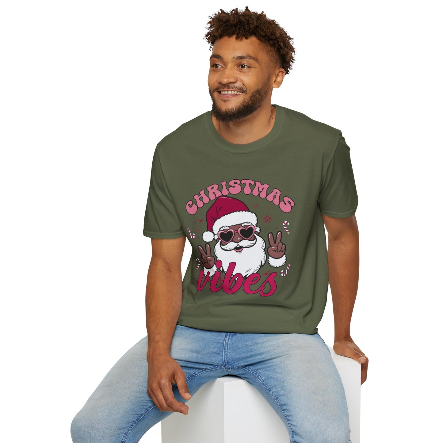 "Christmas Vibes" Unisex T-Shirt — Retro Santa Sporting Cool Sunglasses And A Peace Sign. What a Groovy Holiday Tee!