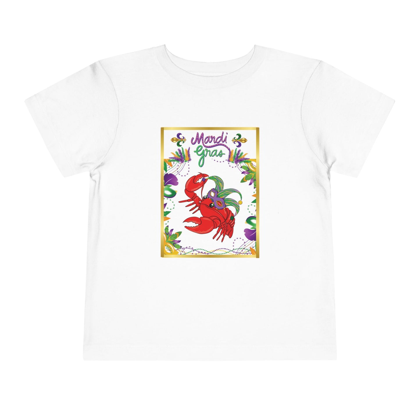 "Mardi Gras Crawfish" Toddler Short Sleeve Tee — Festive Masked Bright Red Crawfish Ready for Carnival!