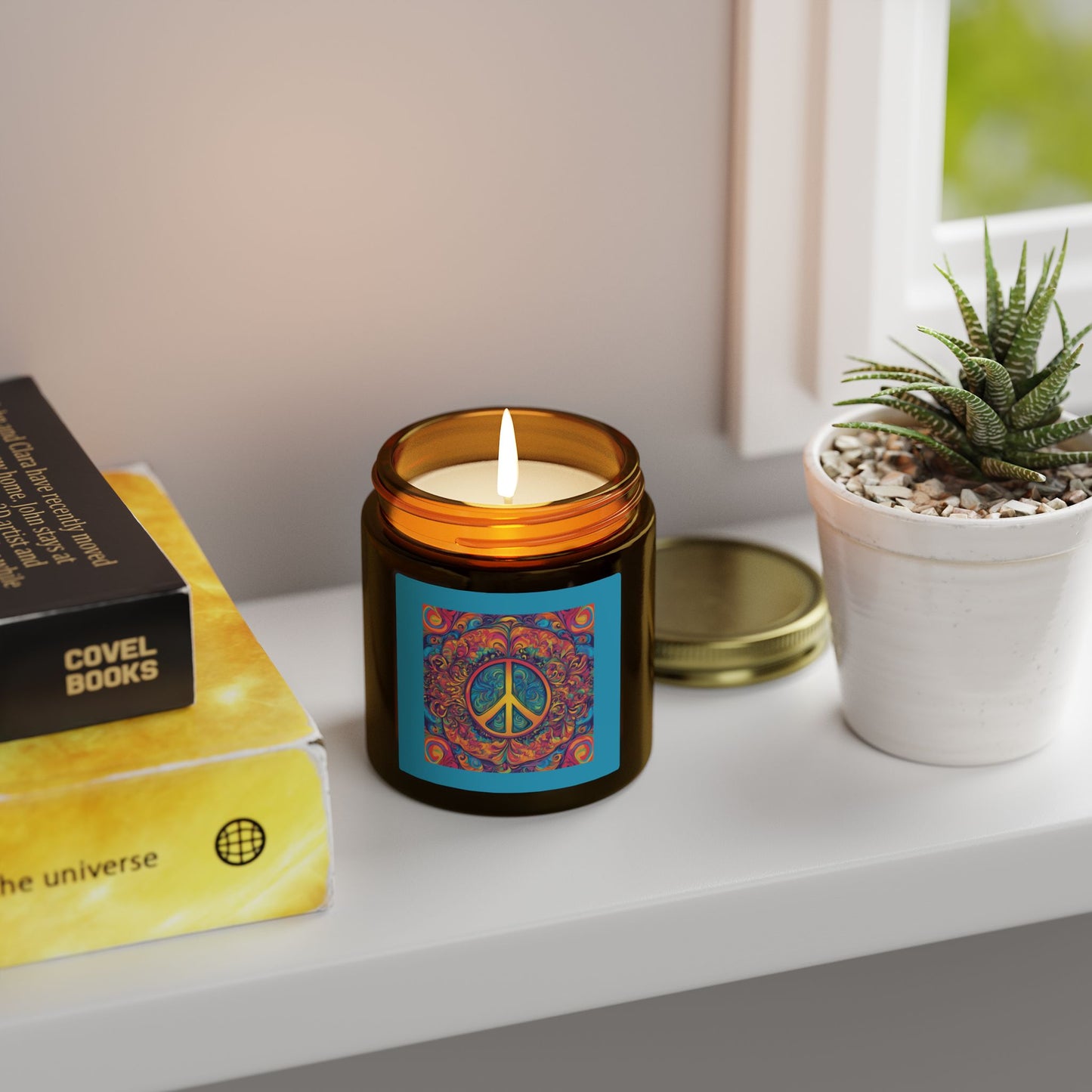"Psychedelic Peace Sign" Amber Glass Scented Candle  with Coconut Apricot Wax (4oz & 9oz) —A Groovy Scented Candle Label, 4 Warm Scents