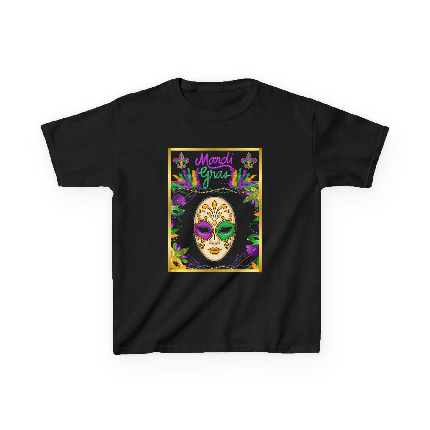 "Mardi  Gras Mask"  Youth Unisex  Boxy T-Shirt.  This Stylish & Colorful Tee Has All The Elements Needed For Carnival Cheer!