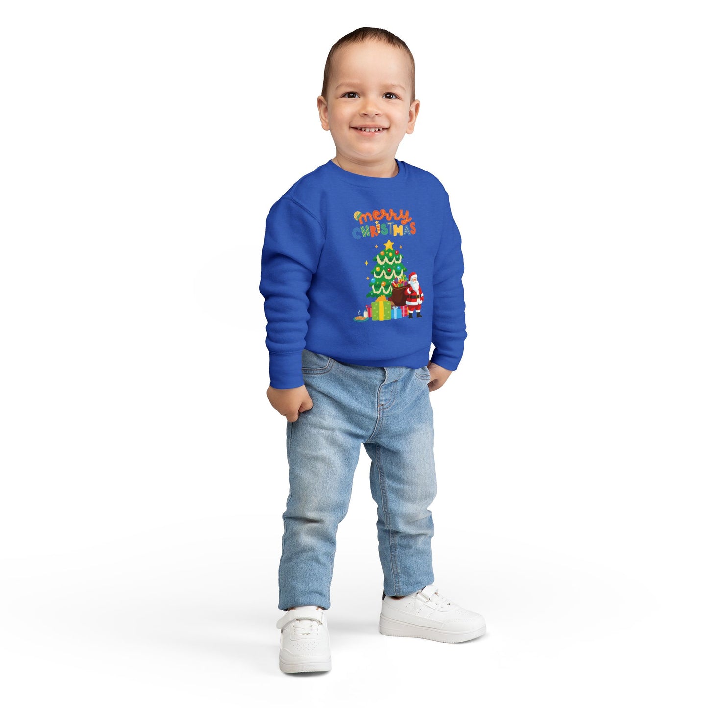 Toddler Sweatshirt — Merry Christmas Santa & Tree Personalized Kids Crewneck
