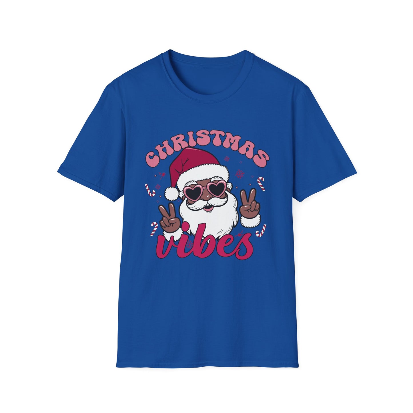 "Christmas Vibes" Unisex T-Shirt — Retro Santa Sporting Cool Sunglasses And A Peace Sign. What a Groovy Holiday Tee!