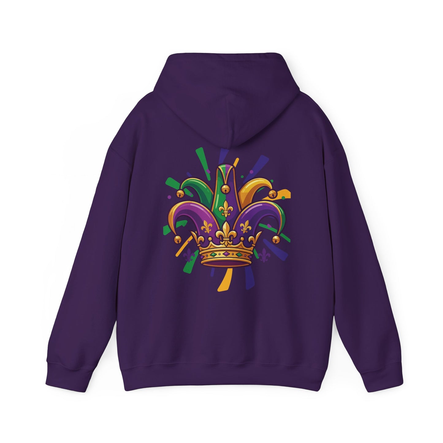 "Mardi Gras Jester Crown" Unisex Pullover Hoodie.  Festive Colorful Front Chest & Bold Back Designs Make This THE Hoodie Of Carnival Season!