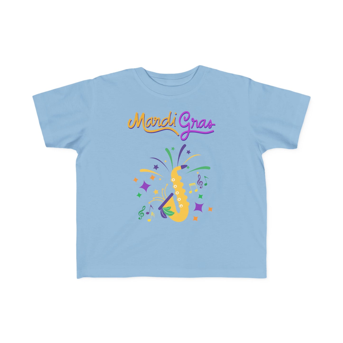 "Mardi Gras Saxophone" Toddler T-Shirt .  This Colorful Saxophone & Confetti Design Helps The Little One Get In The Carnival Mood!.