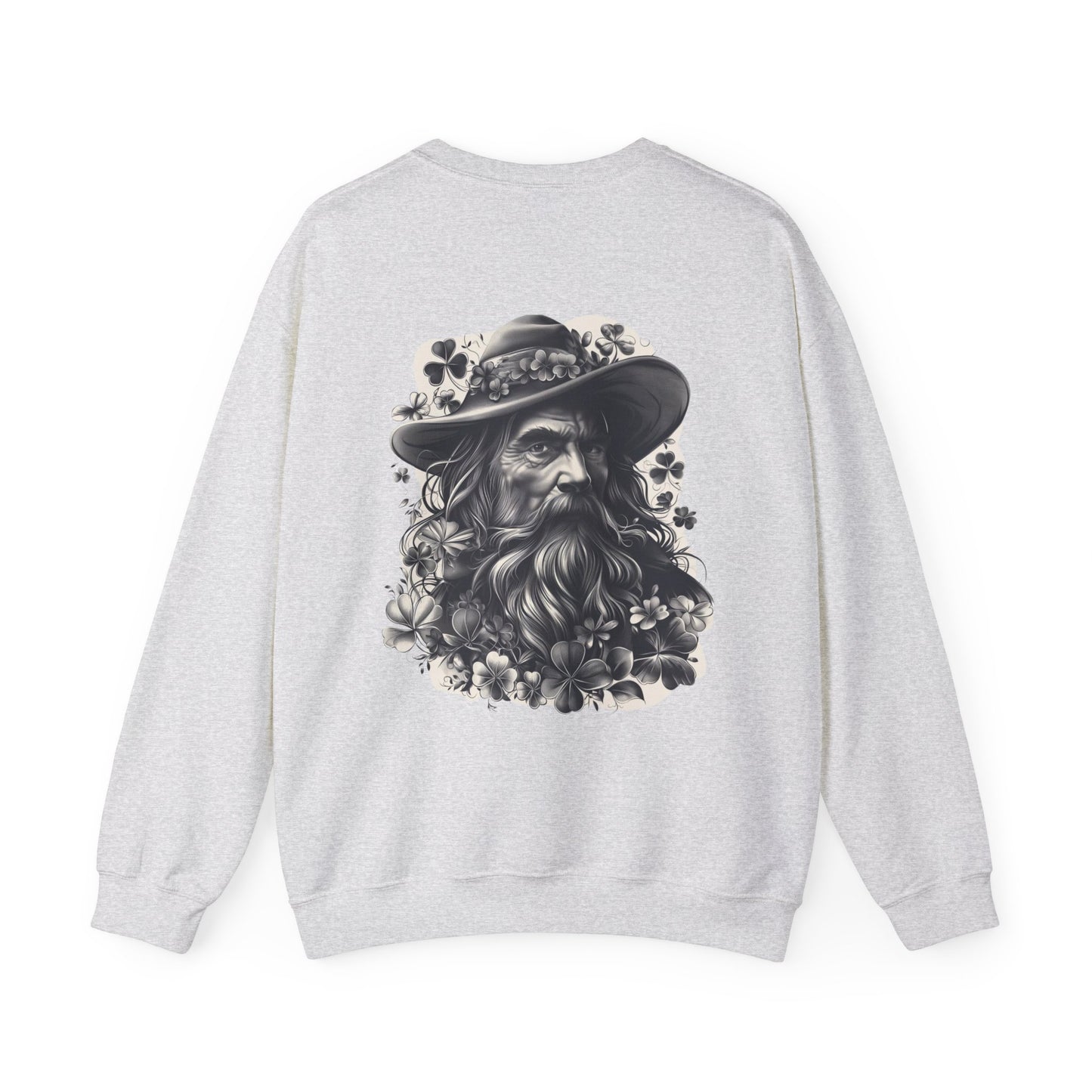 "Irish Blessing(Front)-Shamrock Wiseman(Back)", Unisex Crewneck Sweatshirt— Irish Luck Quote & Rustic Irish Wiseman Surrounded By Clover