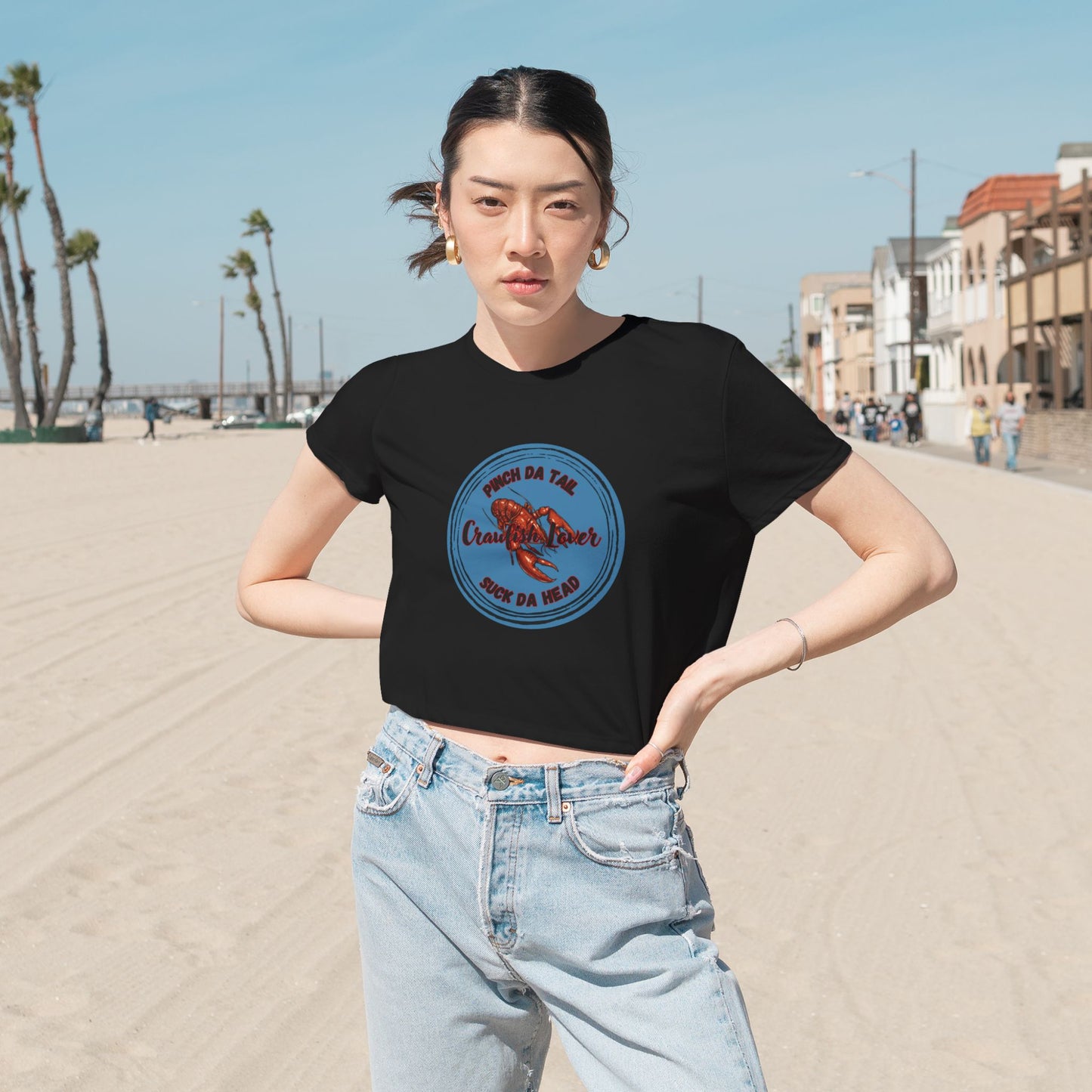 "Crawfish Lover"  Womens' Flowy Cropped Tee — "Pinch Da Tail, Suck Da Head" Seafood Festival Shirt