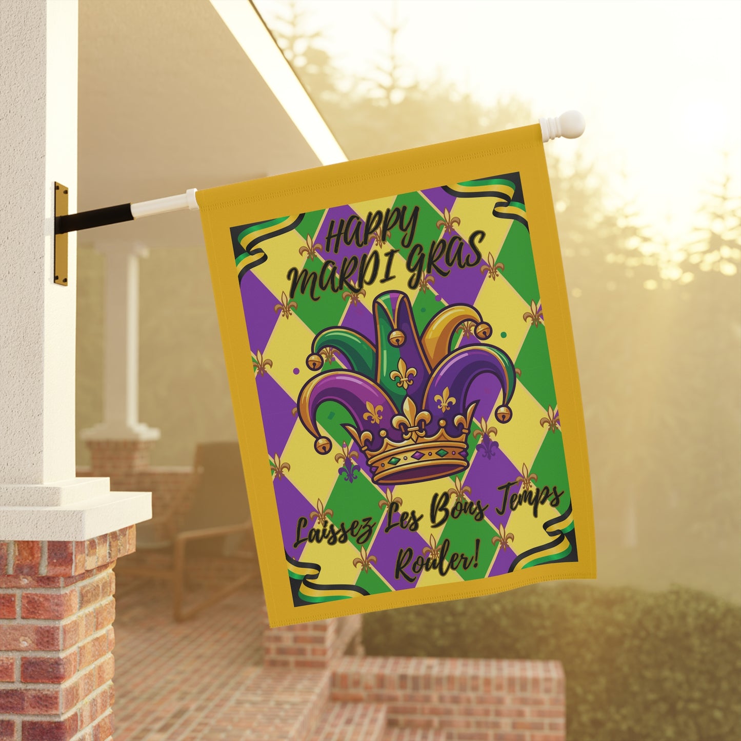 Happy Mardi Gras  Jester Crown-Laissez Les Bons Temps Rouler" Garden Flag — "Happy Mardi Gras" House Banner-Yellow