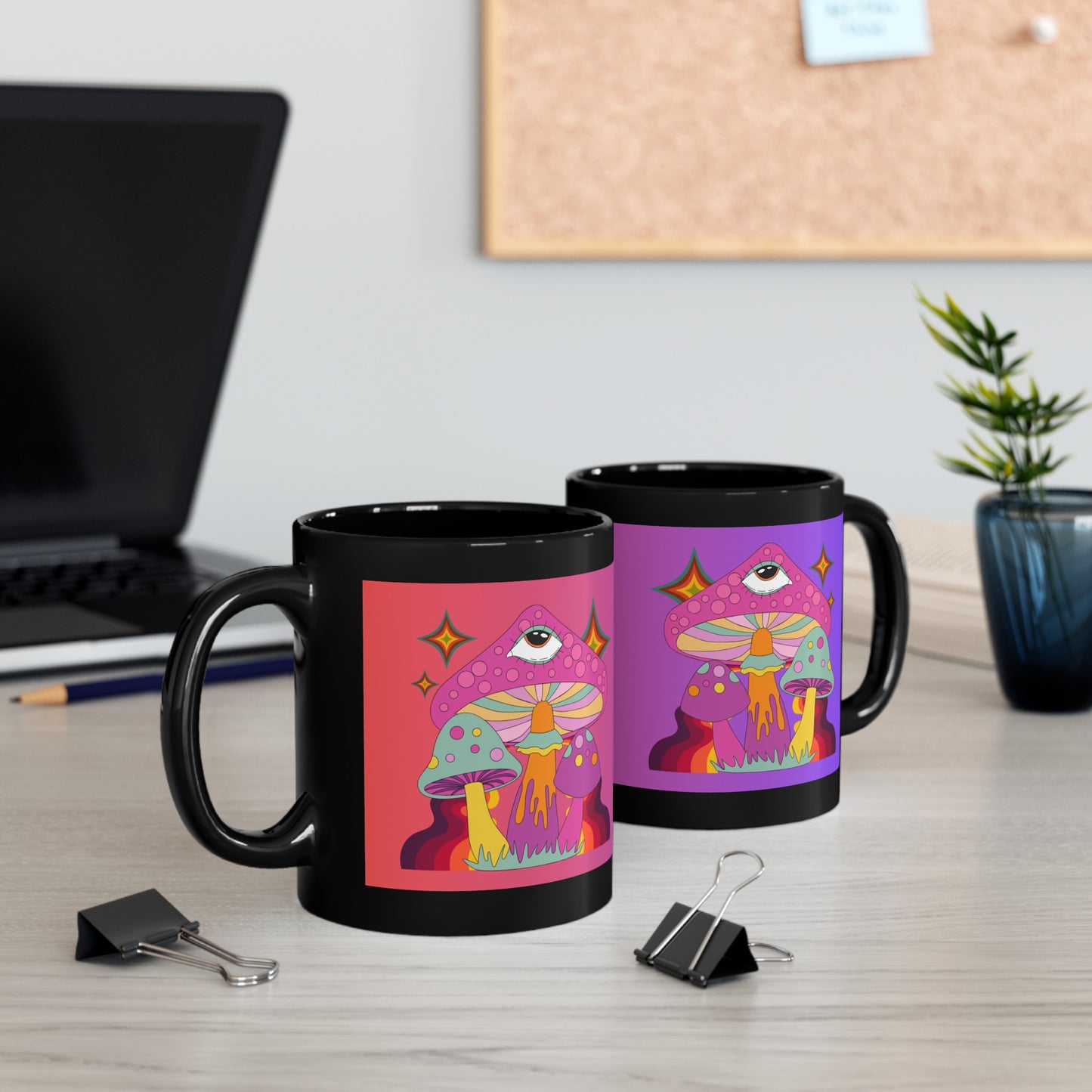 "Groovy Mushrooms with Ombre Background" Black Mug (11 oz, 15 oz)