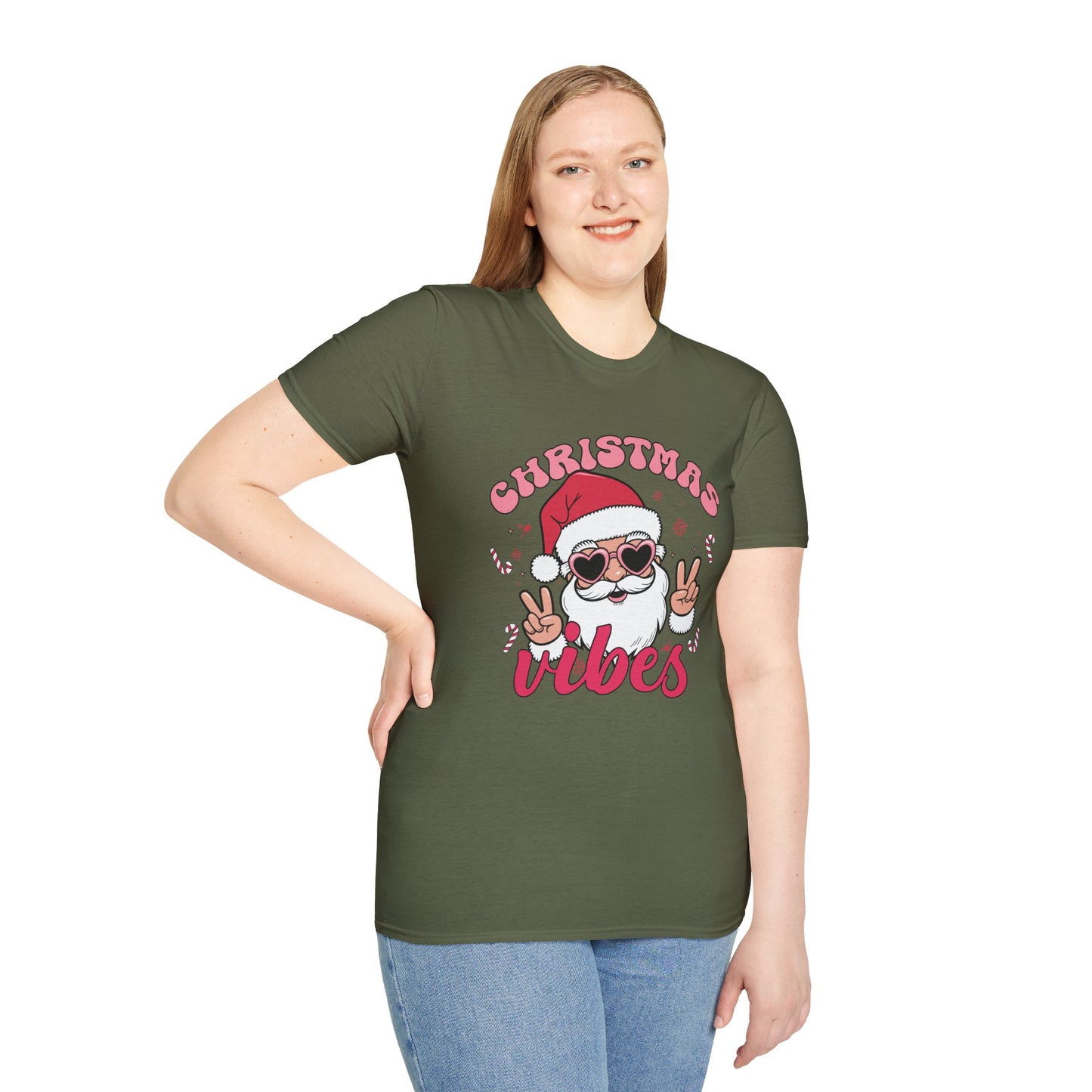 "Christmas Vibes"  Smiling Santa Holiday Unisex T-Shirt.  Cool(Tan)Santa Wearing His Shades And Sharing A "Peace Sign".
