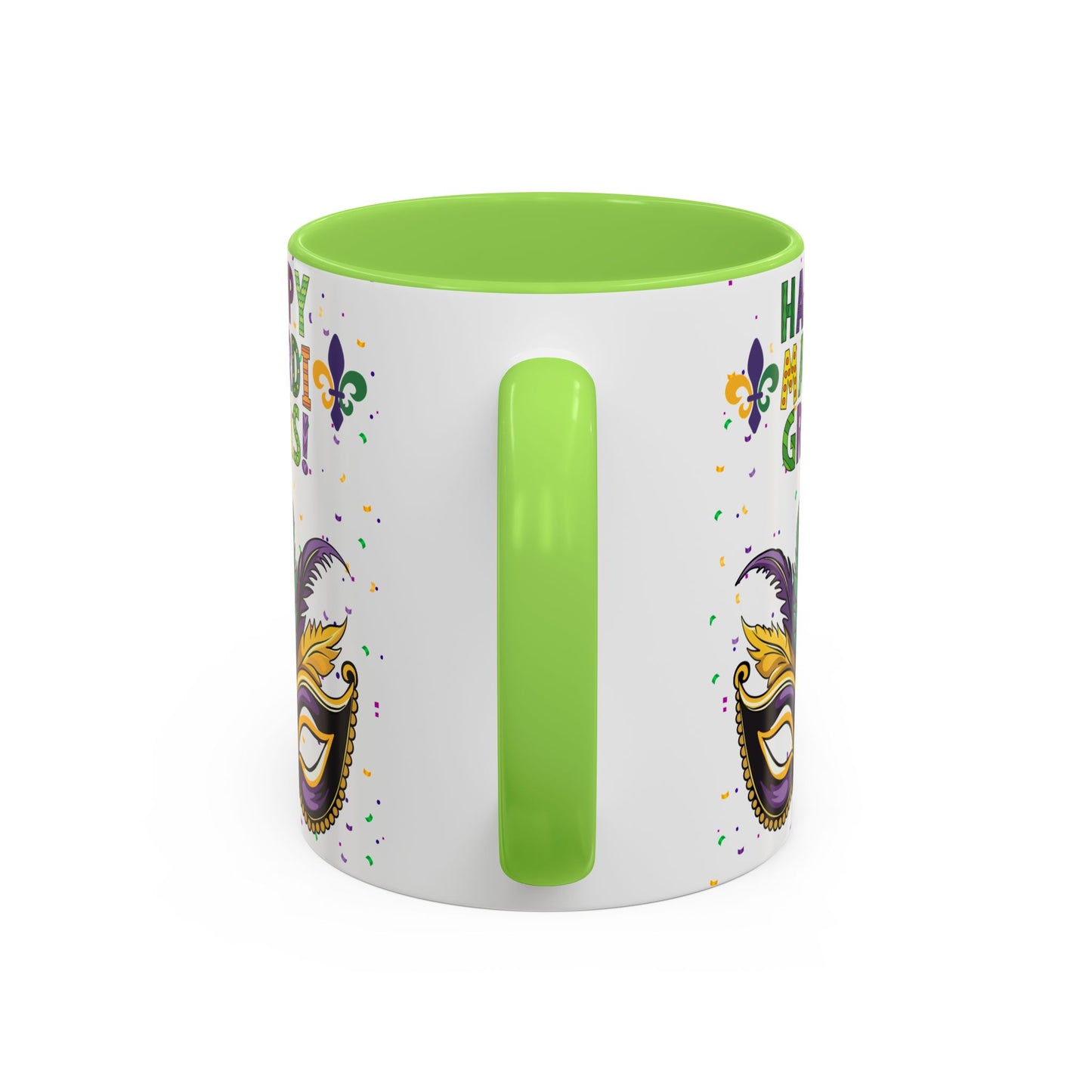 "Happy Mardi Gras" Mugs — Colorful 11oz/15oz Carnival Mask-Fleur De Lis Design White Ceramic Mugs