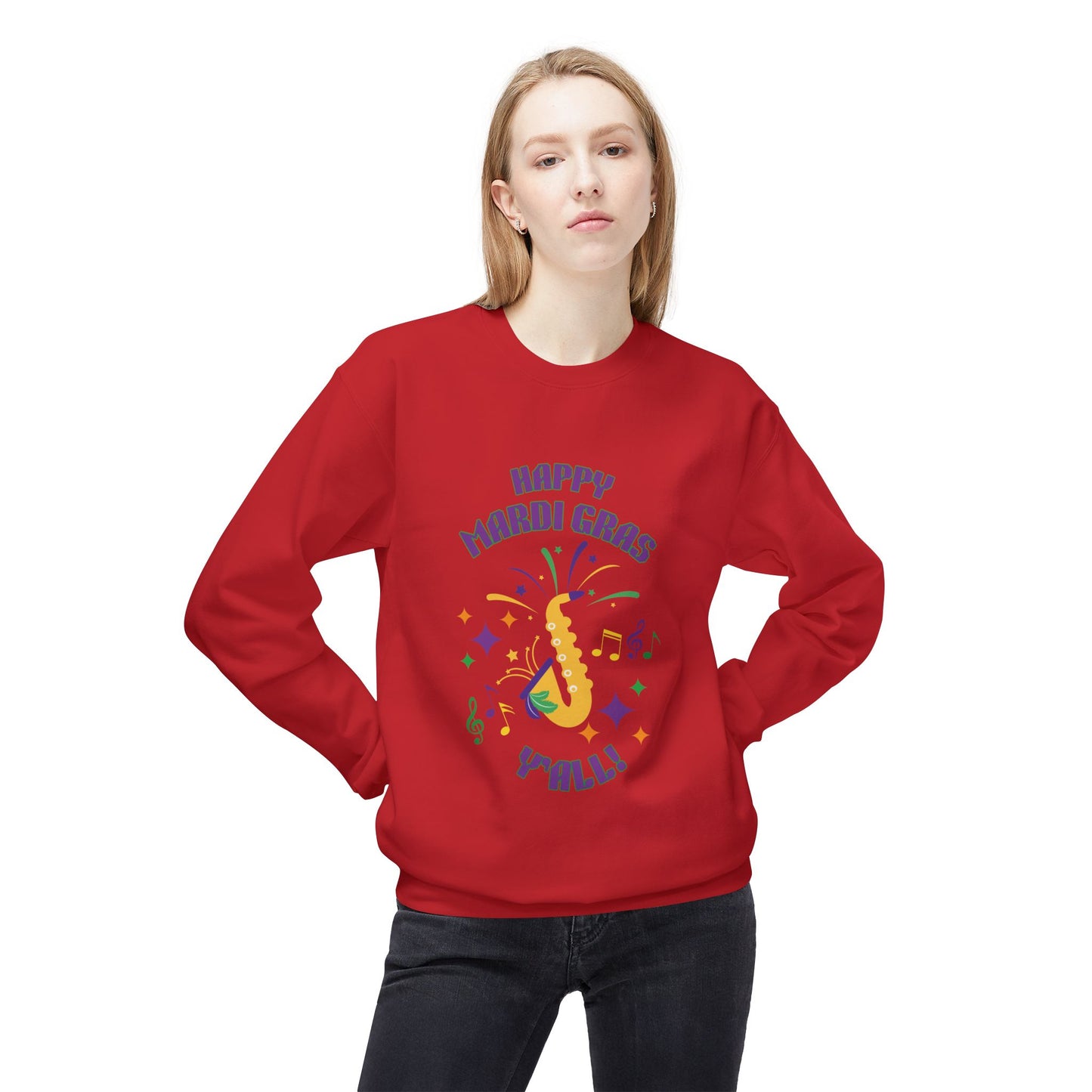 "Happy Mardi Gras Y'all"  Midweight Crewneck Sweatshirt.  Let This Colorful Unisex Sweatshirt Help You Revel In Style!