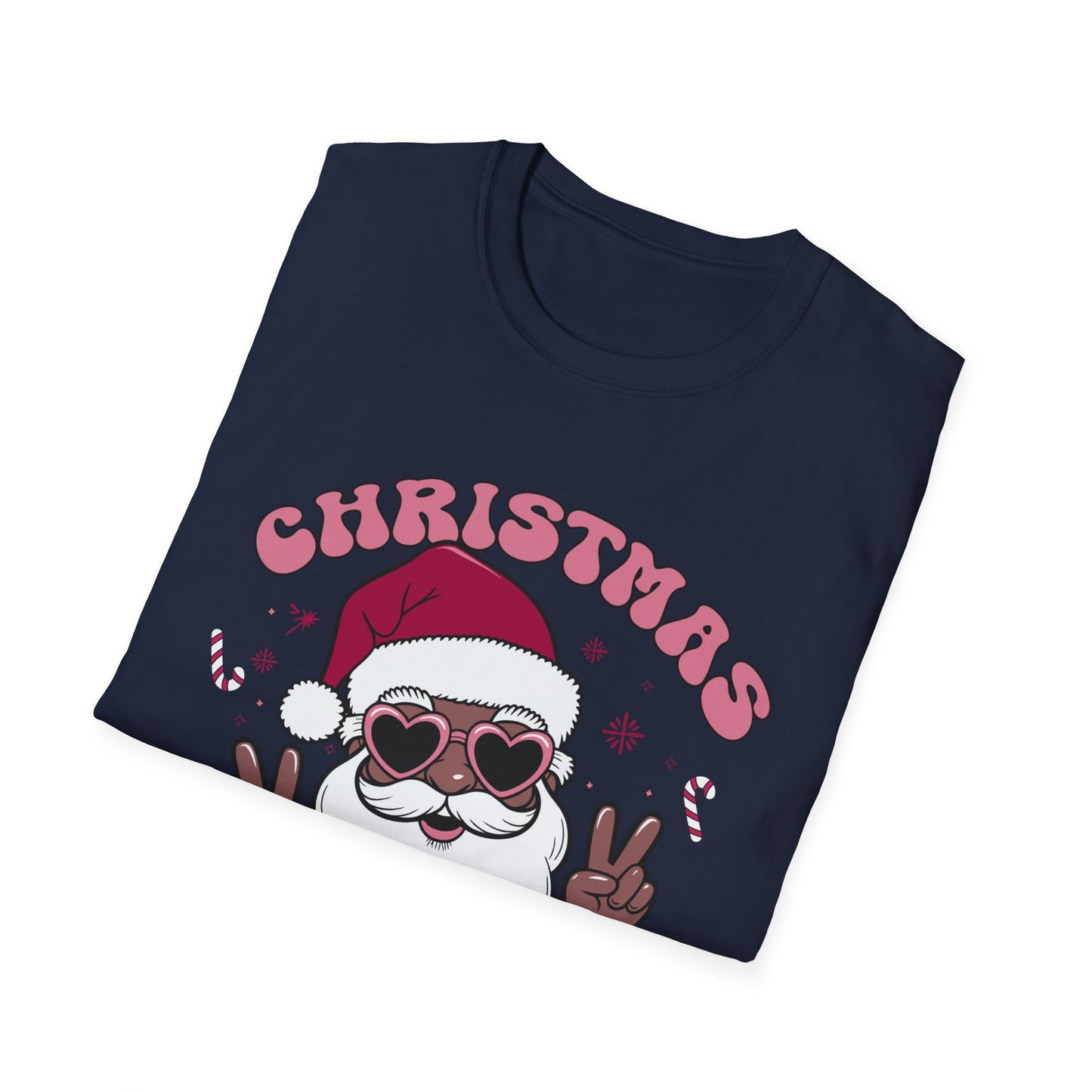 "Christmas Vibes" Unisex T-Shirt — Retro Santa Sporting Cool Sunglasses And A Peace Sign. What a Groovy Holiday Tee!