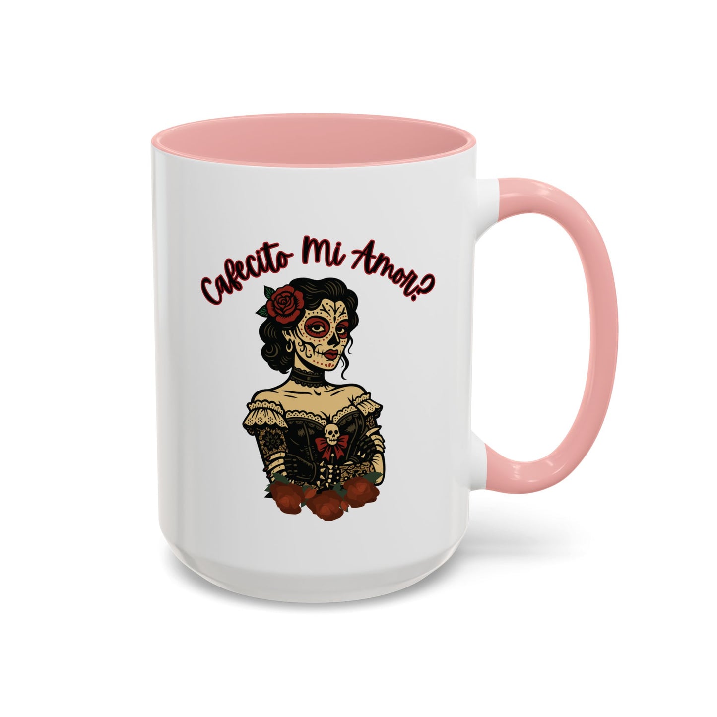"Cafecito Mi Amor?" Sugar Skull Style , Colorful Accent, 11oz and 15oz Coffee Mug.  A great Day of the Dead  or Halloween Gift!