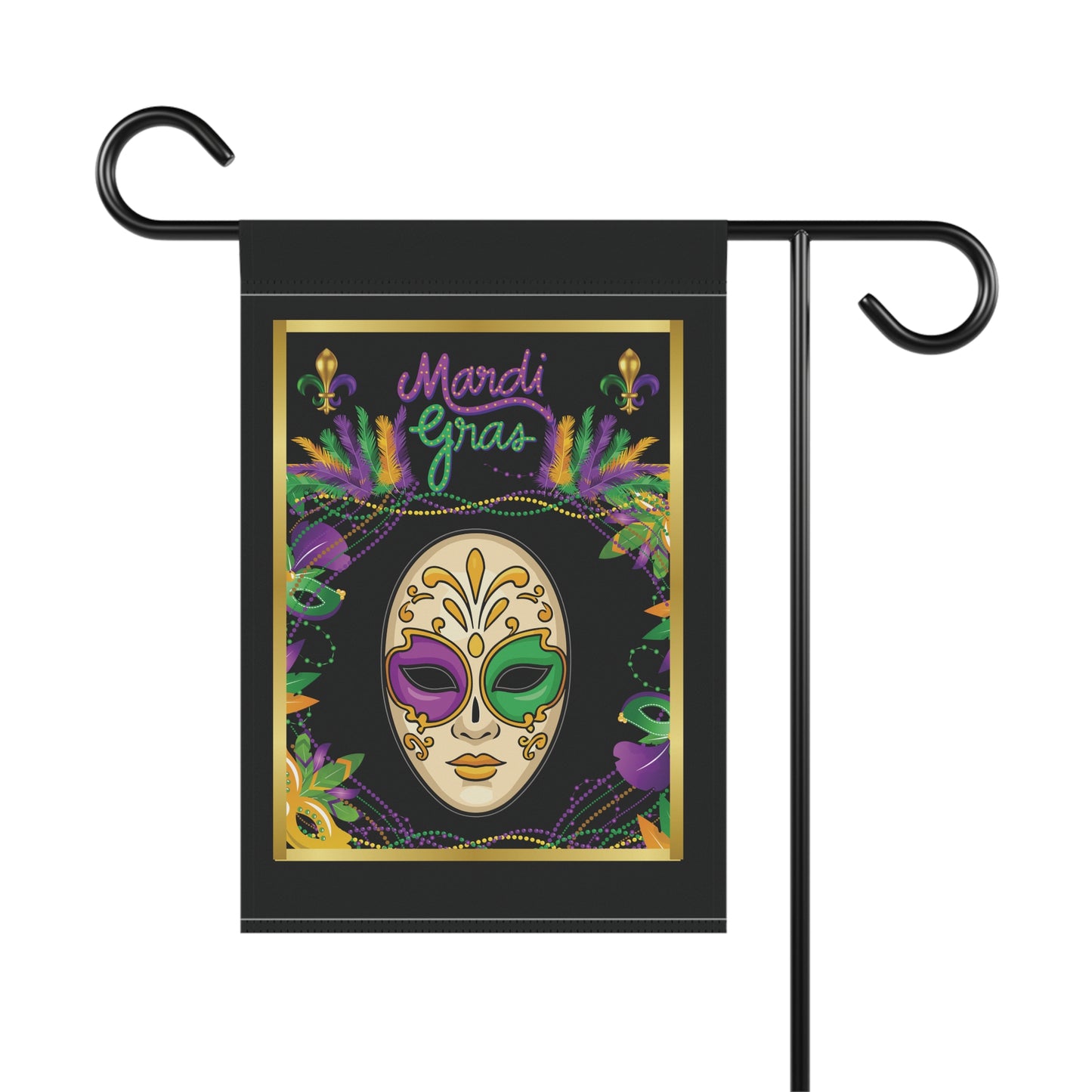 "Mardi Gras Mask",  12in x 18in  Black Garden Flag – Beautiful Beaded Mask And Carnival Colored Accents Help Celebrate Mardi Gras!