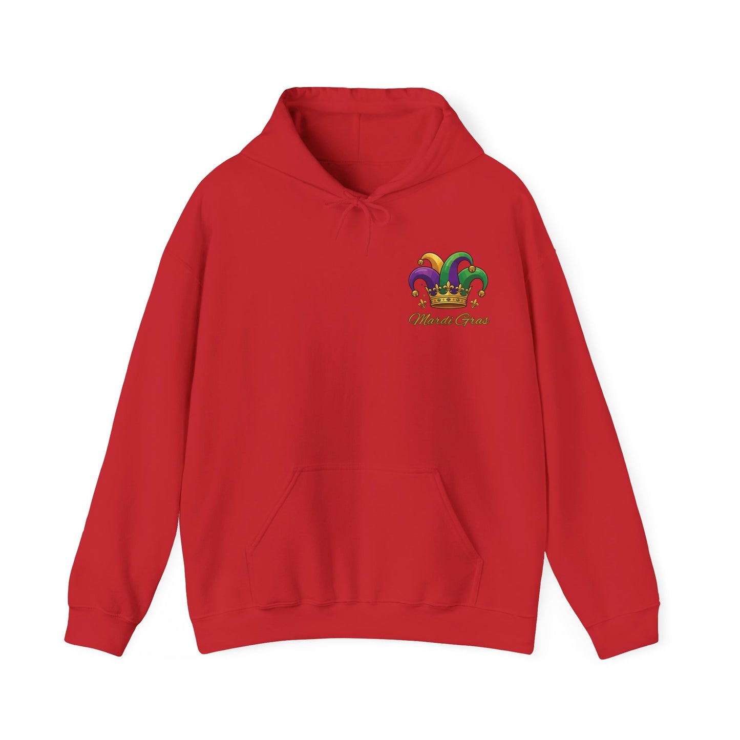 "Mardi Gras Jester Crown" Unisex Pullover Hoodie.  Festive Colorful Front Chest & Bold Back Designs Make This THE Hoodie Of Carnival Season!
