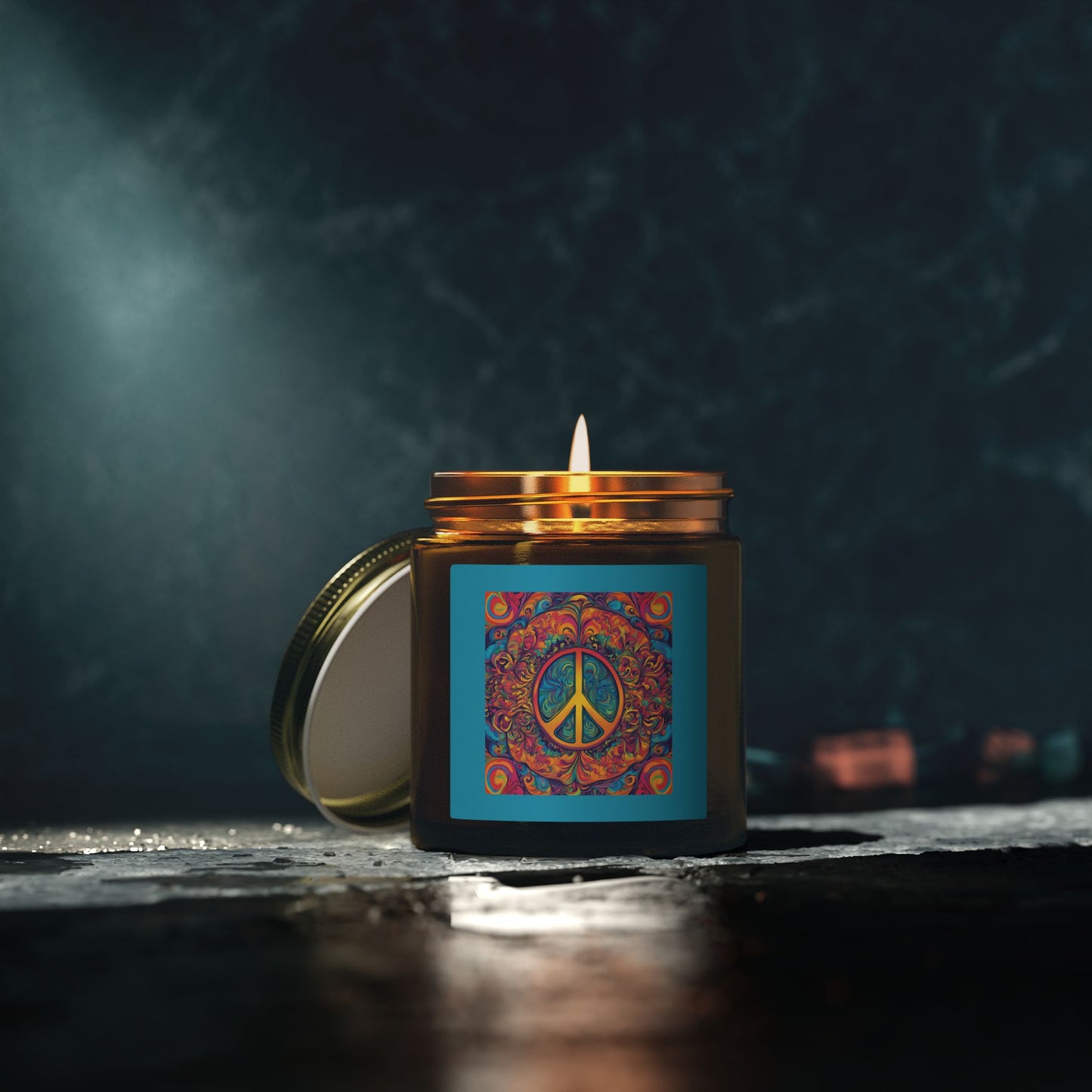 "Psychedelic Peace Sign" Amber Glass Scented Candle  with Coconut Apricot Wax (4oz & 9oz) —A Groovy Scented Candle Label, 4 Warm Scents