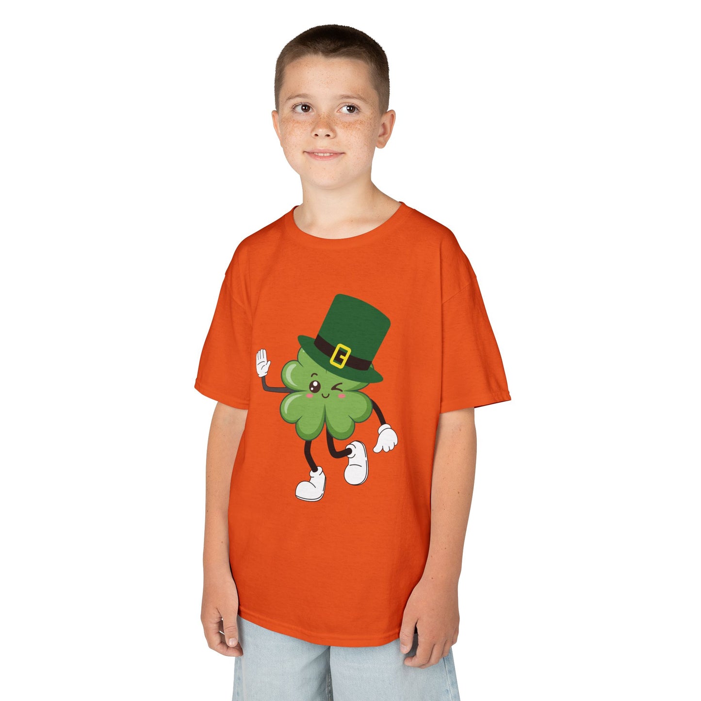 "Dancing Shamrock with Leprechaun Hat".  Kids Heavy Cotton T-Shirt. Patrick’s Day Tee
