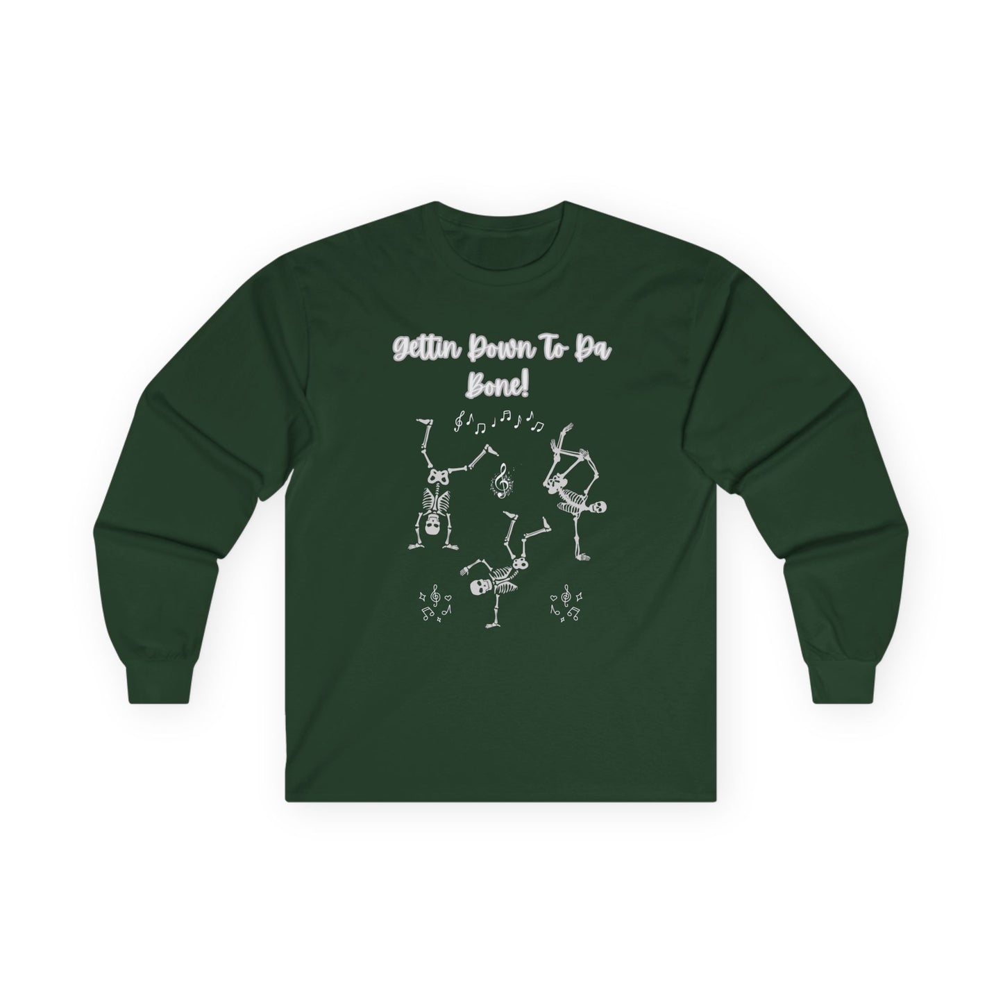 "Gettin' Down To Da Bone" Halloween Skeleton Dance, Unisex Long Sleeve Tee in Dark Colors