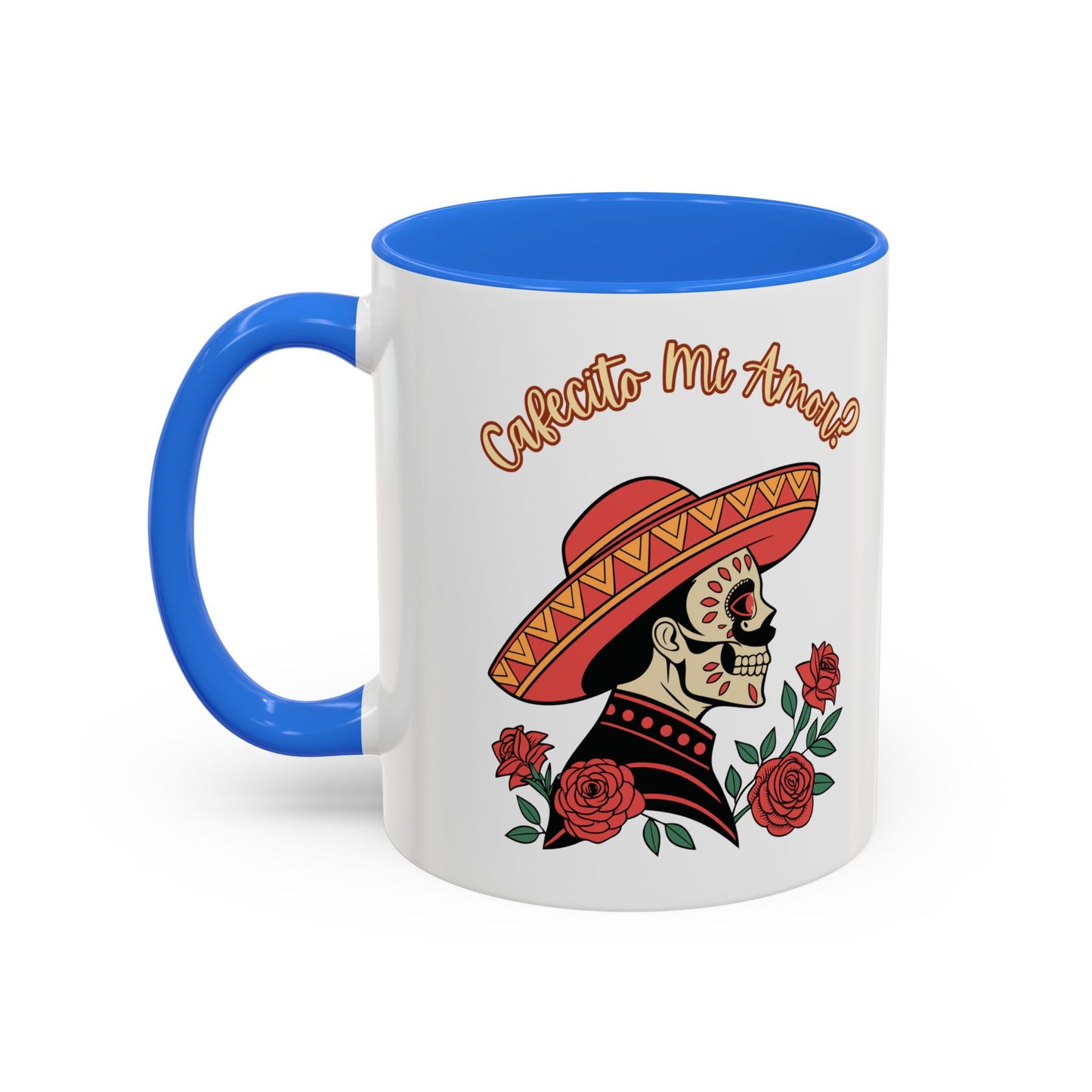 "Cafecito Mi Amor?" -El Hombre, Sugar Skull Style, White Ceramic Mugs with Colorful Accents (11oz/15oz)