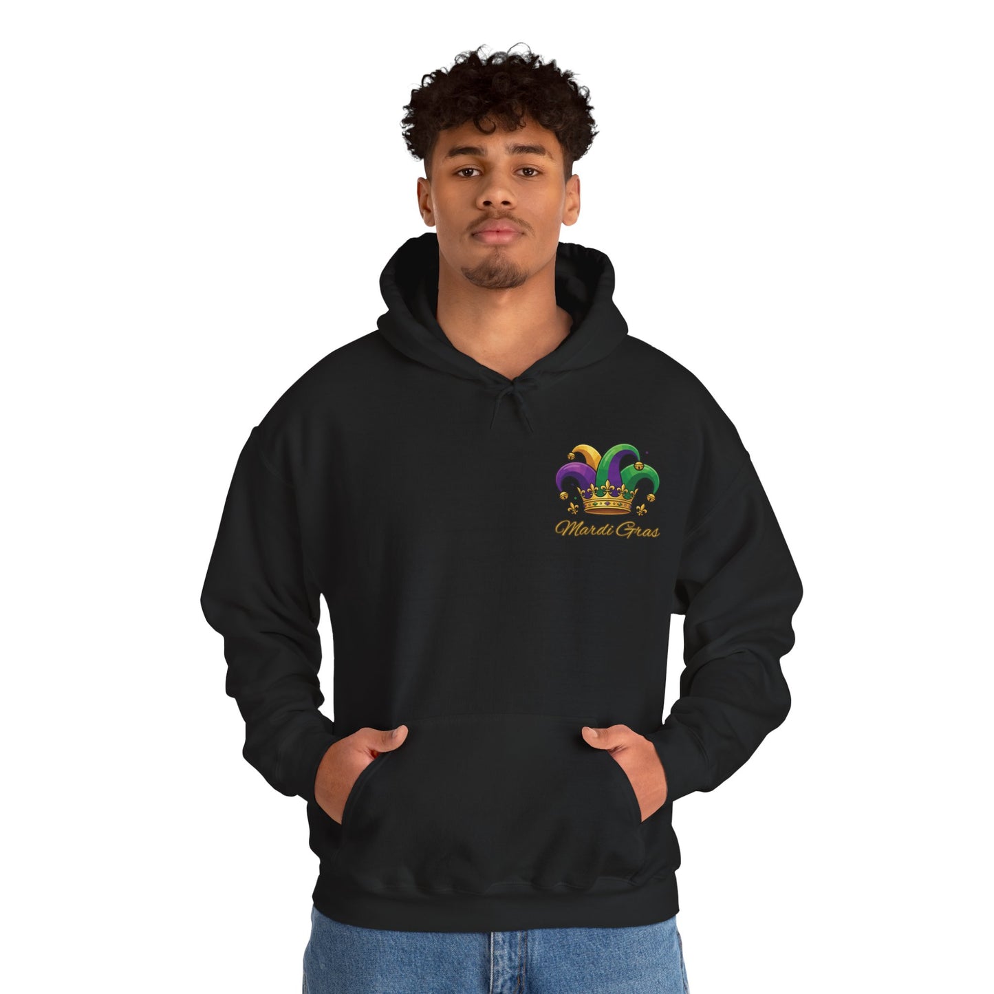 "Mardi Gras Jester Crown" Unisex Pullover Hoodie.  Festive Colorful Front Chest & Bold Back Designs Make This THE Hoodie Of Carnival Season!