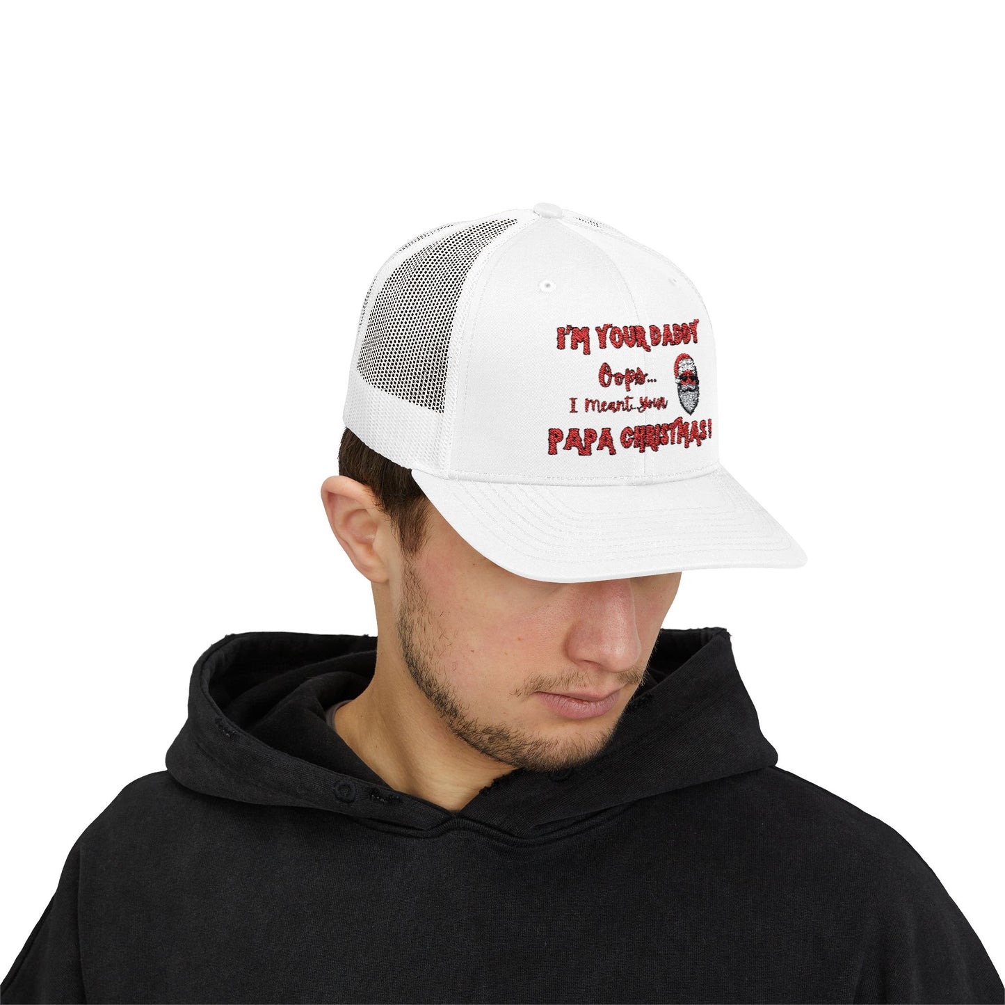 "I’m Your Daddy…Oops I Meant...PAPA CHRISTMAS!"  Embroidered, Holiday, Snap Back Trucker Cap -Brown Santa Design