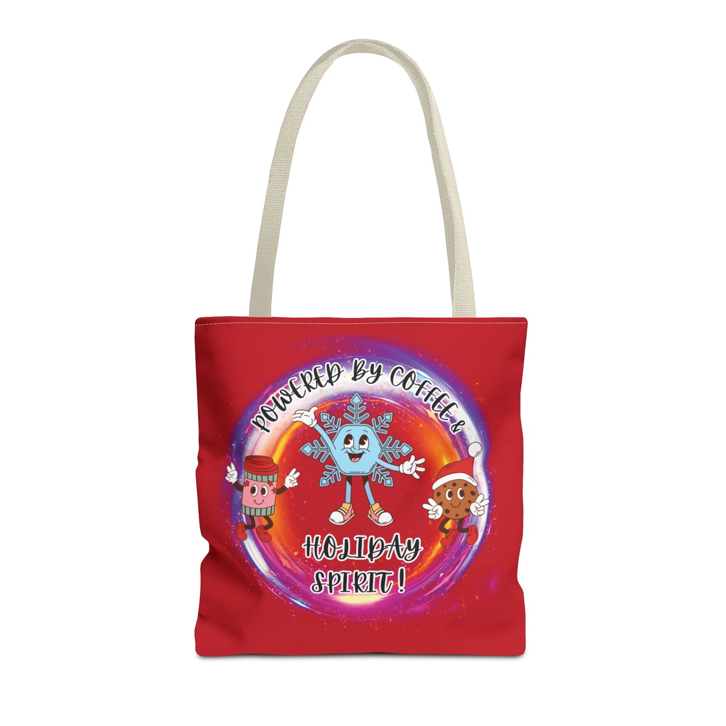"Powered By Coffee And Holiday Spirit "  Red Tote Bag  with Colored Straps