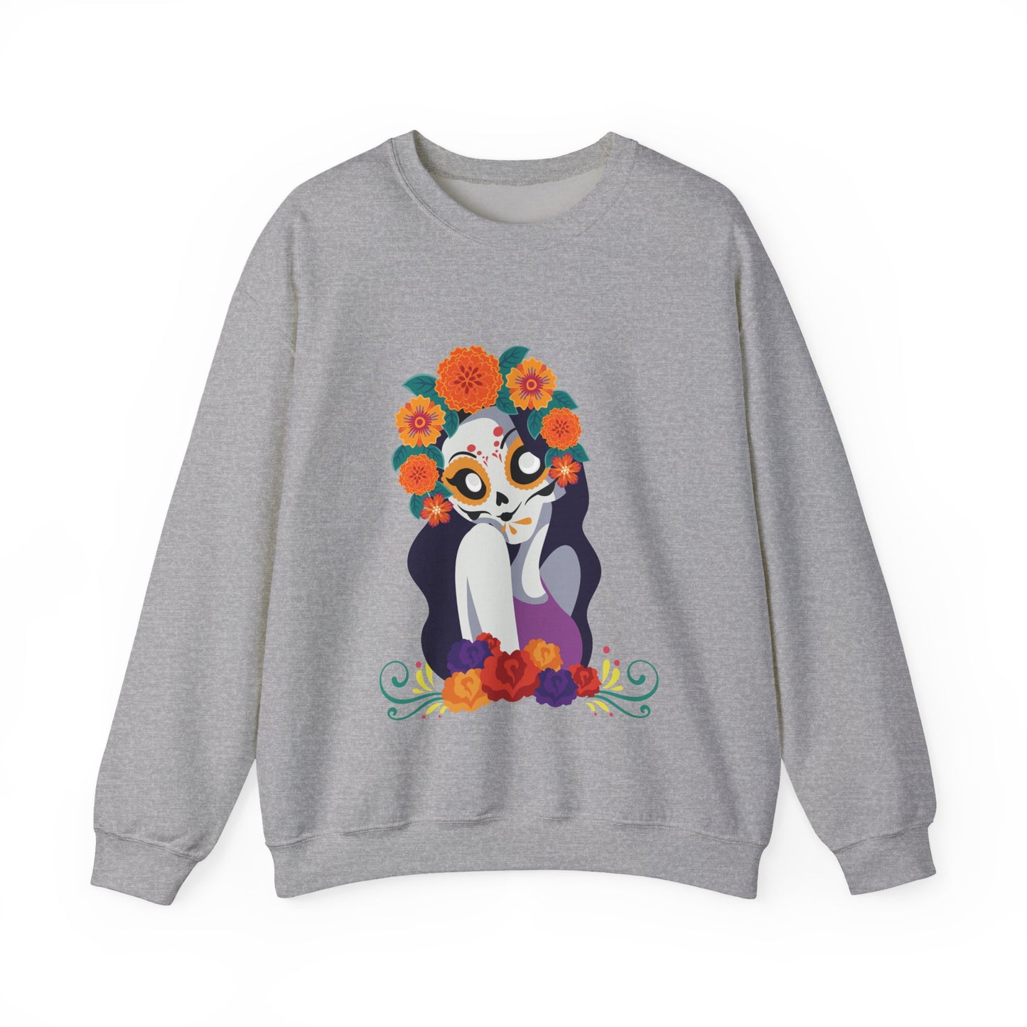 " Katrina Floral Skull"  Unique Crewneck Unisex Sweatshirt. Great for Celebrations like Dia De Los Muertos, Halloween or Any day!
