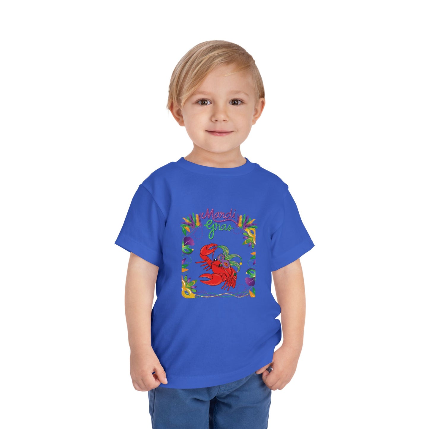 "Mardi Gras Crawfish" Toddler Short Sleeve Tee — Festive Masked Crawfish in Purple, Green & Gold!