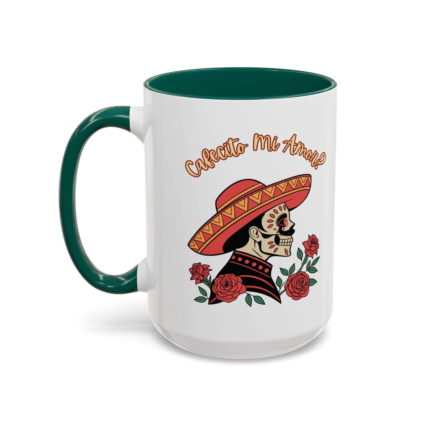 "Cafecito Mi Amor?" -El Hombre, Sugar Skull Style, White Ceramic Mugs with Colorful Accents (11oz/15oz)