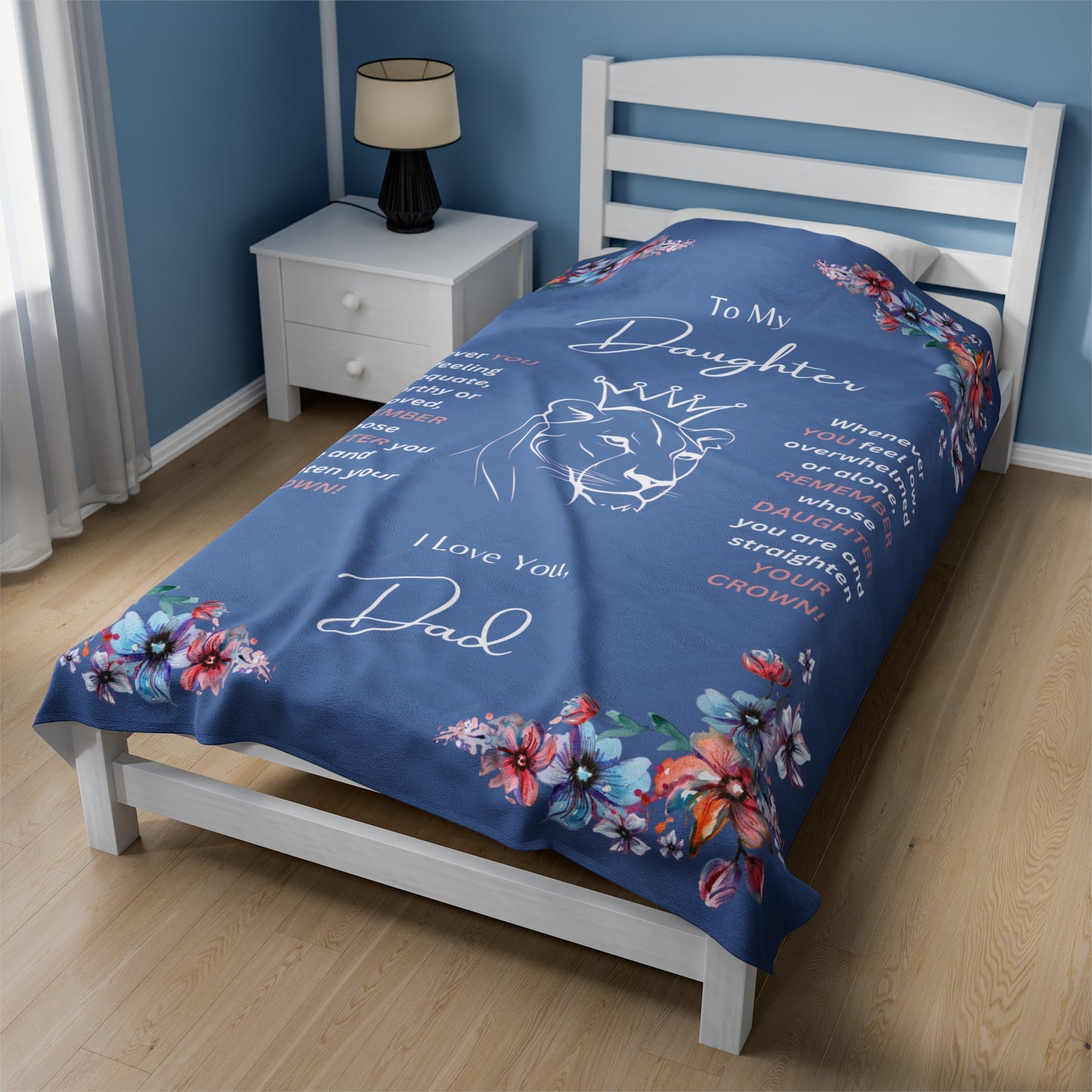 "To My Daughter"- Lion Princess, 60 in x 80 in Plush Blanket - Wedgewood Blue