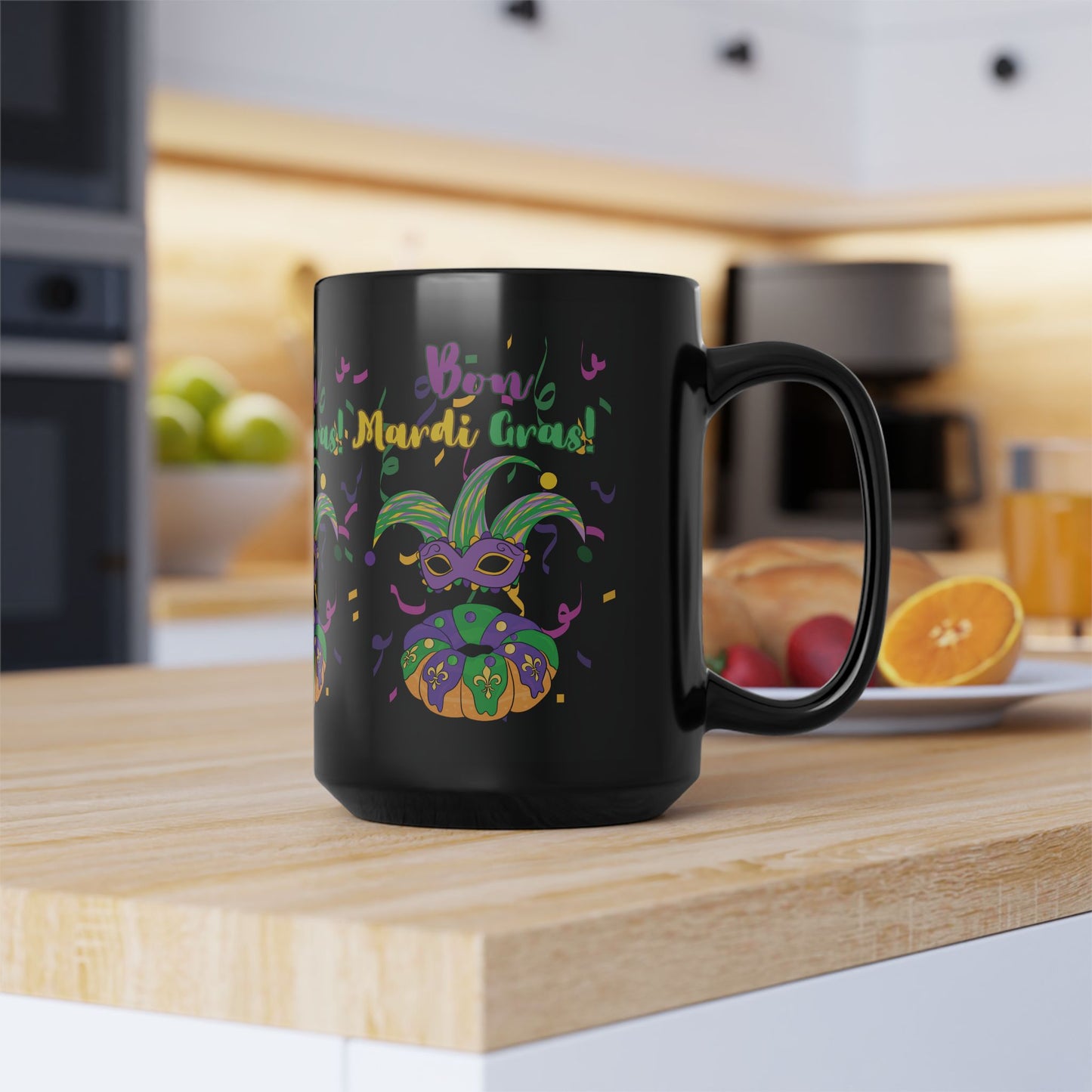 "Bon Mardi Gras" 15oz  Black Ceramic Mug, Featuring A Festive Carnival Mask & King Cake!