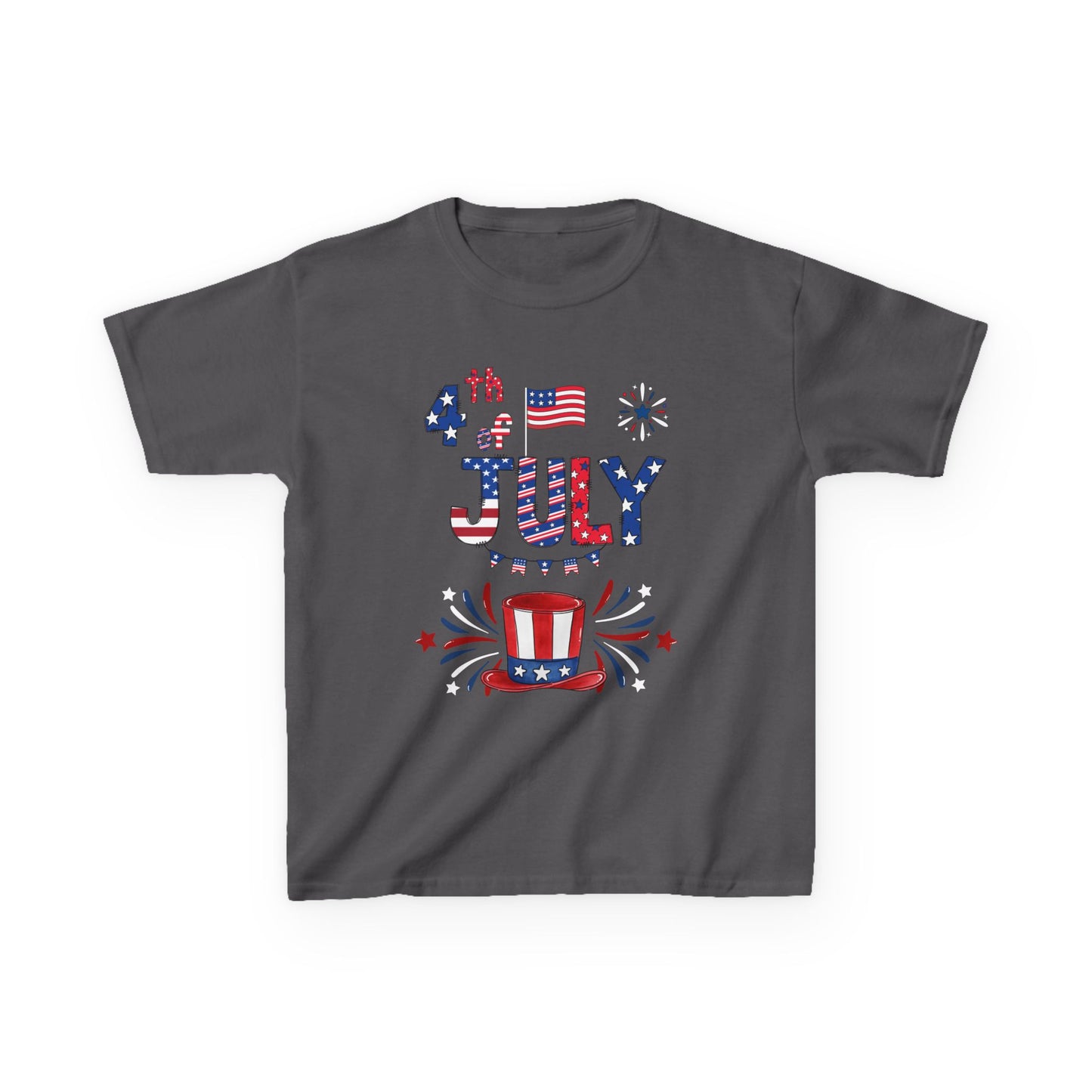 Kids "4th of July" Patriotic Boxy Tee — Celebrate This Special Day With Fireworks & A Vibrant Uncle Sam Hat!
