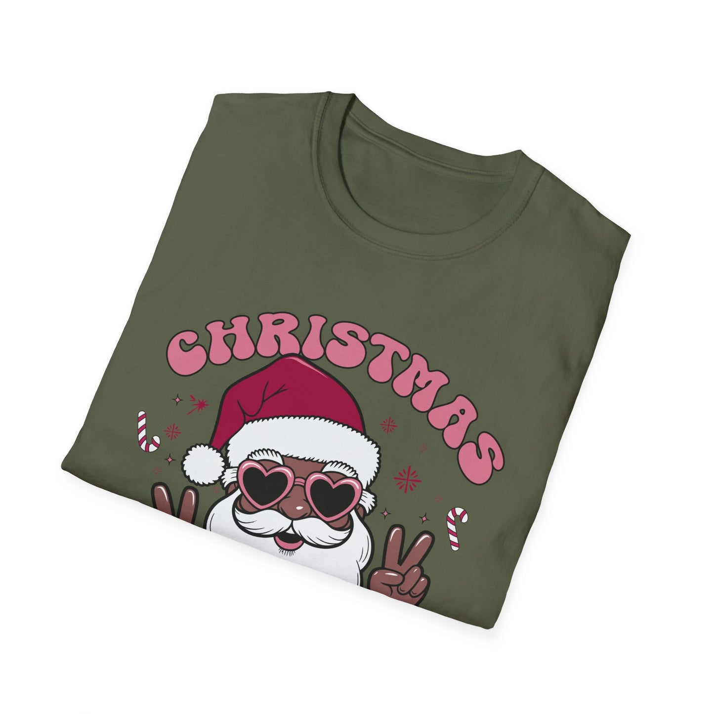 "Christmas Vibes" Unisex T-Shirt — Retro Santa Sporting Cool Sunglasses And A Peace Sign. What a Groovy Holiday Tee!