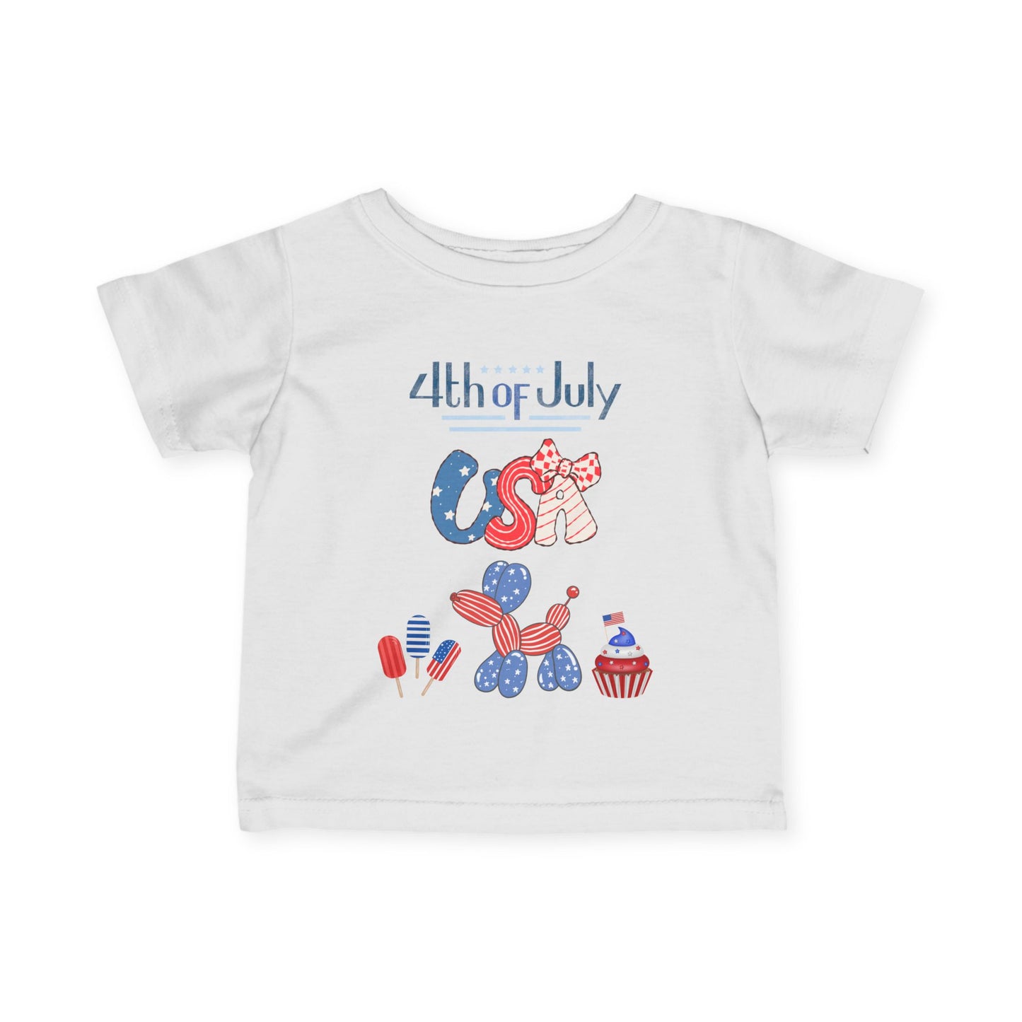 4th of July Infant Tee — USA Patriotic Baby Shirt with Flag Bow & Cupcake