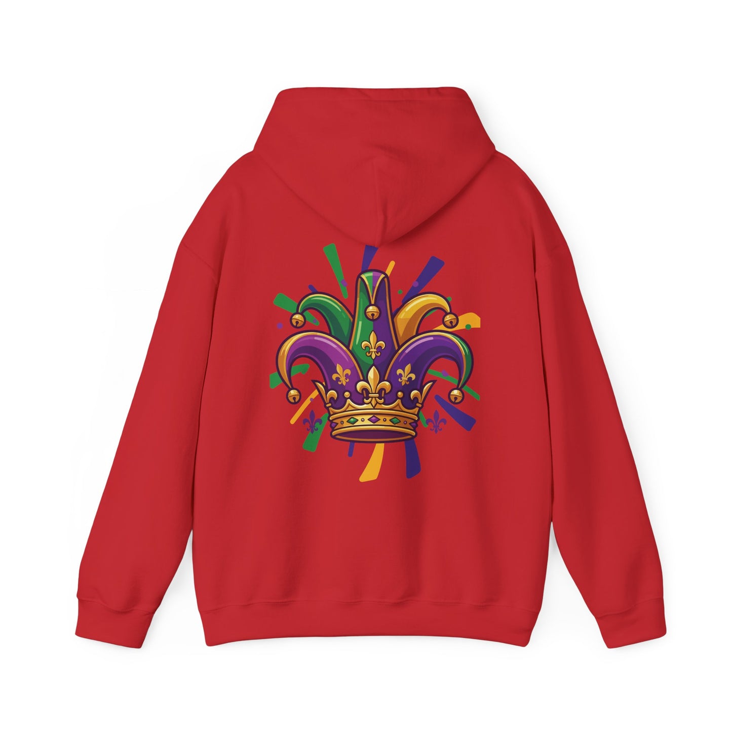"Mardi Gras Jester Crown" Unisex Pullover Hoodie.  Festive Colorful Front Chest & Bold Back Designs Make This THE Hoodie Of Carnival Season!