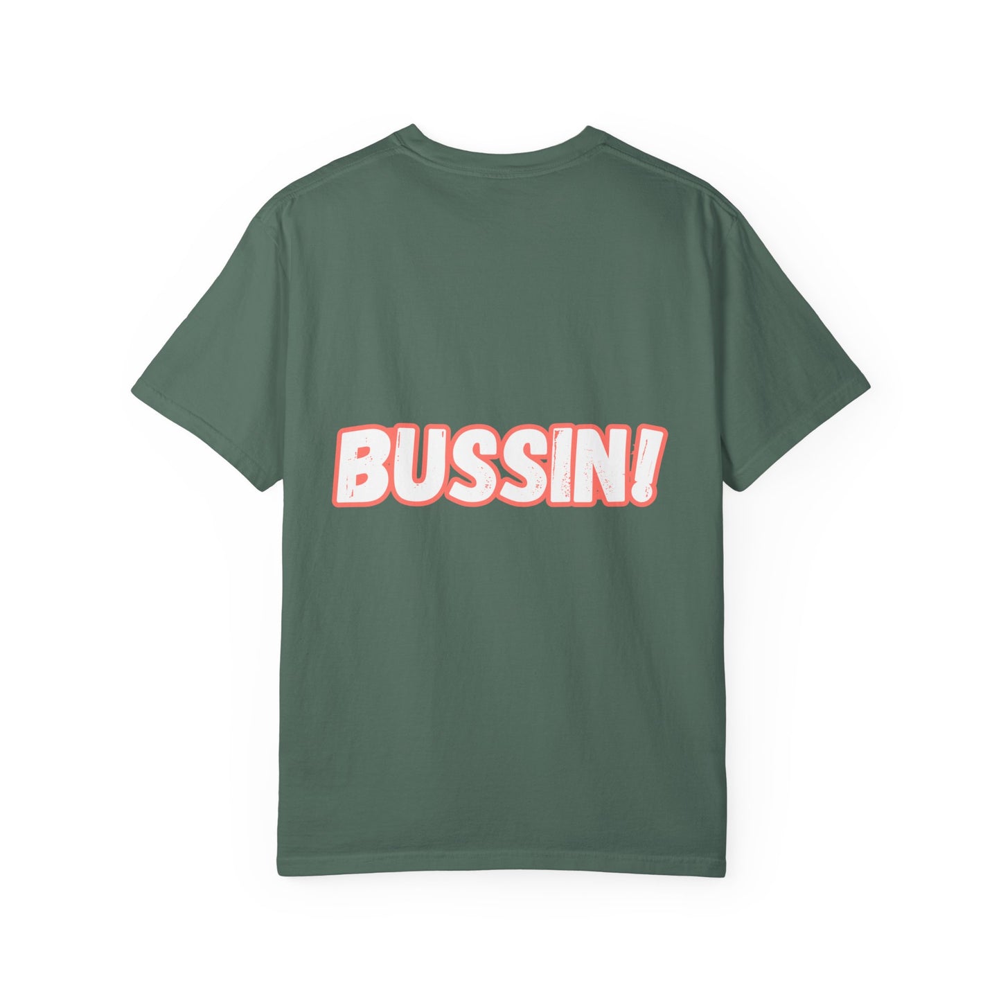 "BUSSIN!" Casual Graphic T-Shirt with Fun Emoji and 'Bussin!' Slogan-Front and Back Designs, Respectively