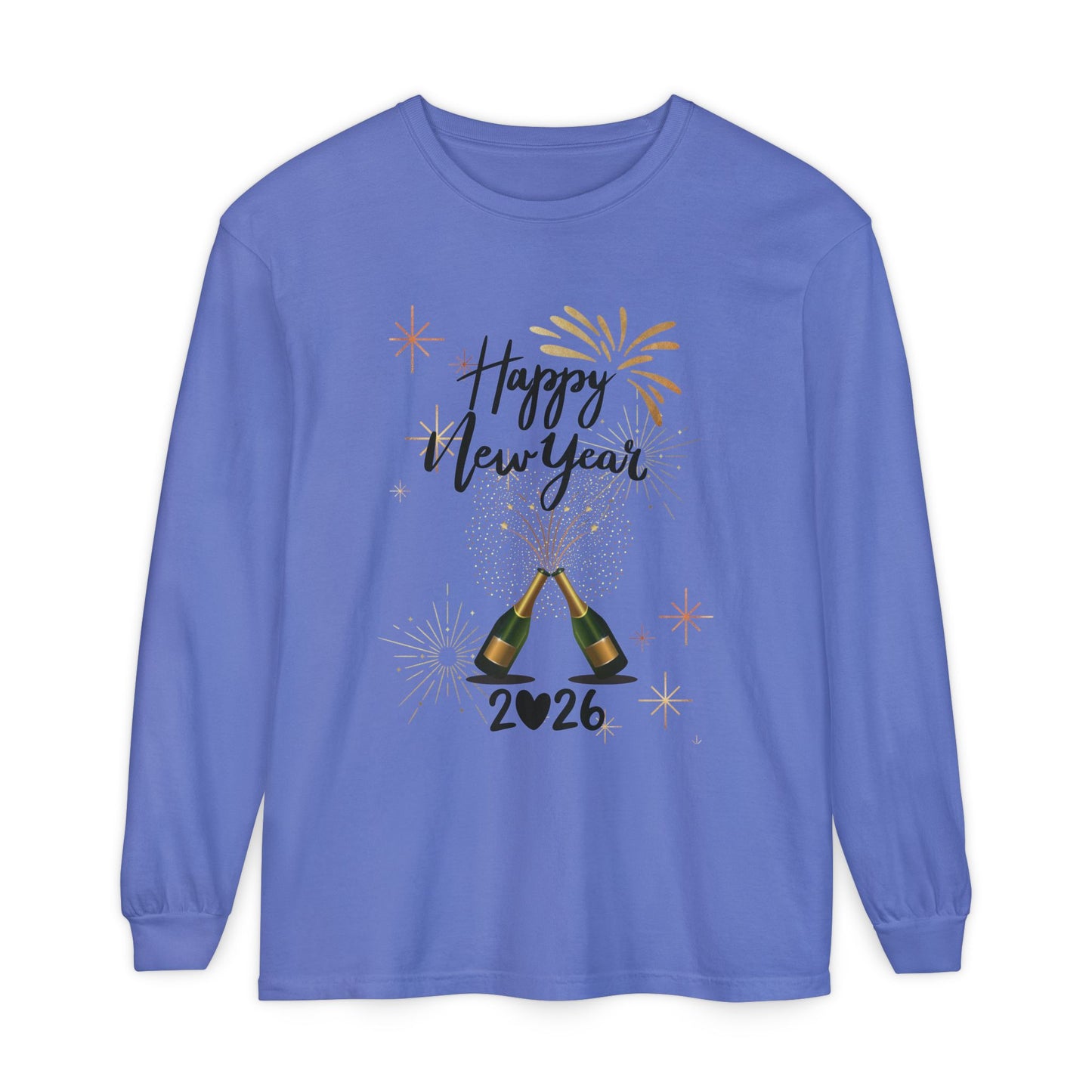 "Happy New Year 2026-Champagne Toast", Unisex Long Sleeve T‑Shirt.  A "Grown Up" Classy Yet Fun, Long Sleeve Tee.  Dress It Up or Dress It Down For Celebrating The New Year!