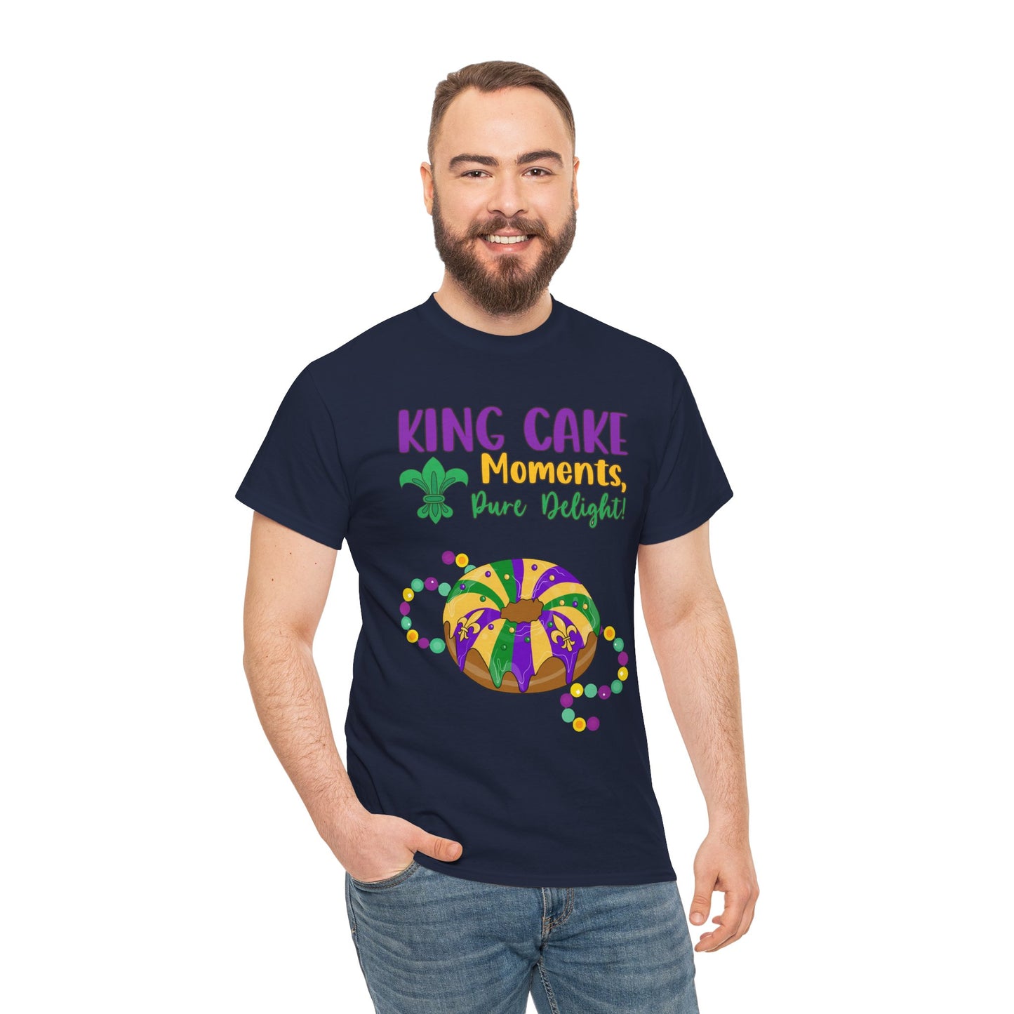 "King Cake Moments" Unisex Heavy Cotton  Adult Tee.   Wear This Tee To Tell Everyone "A Mardi Gras King Cake Moment Is A Pure Delight!"